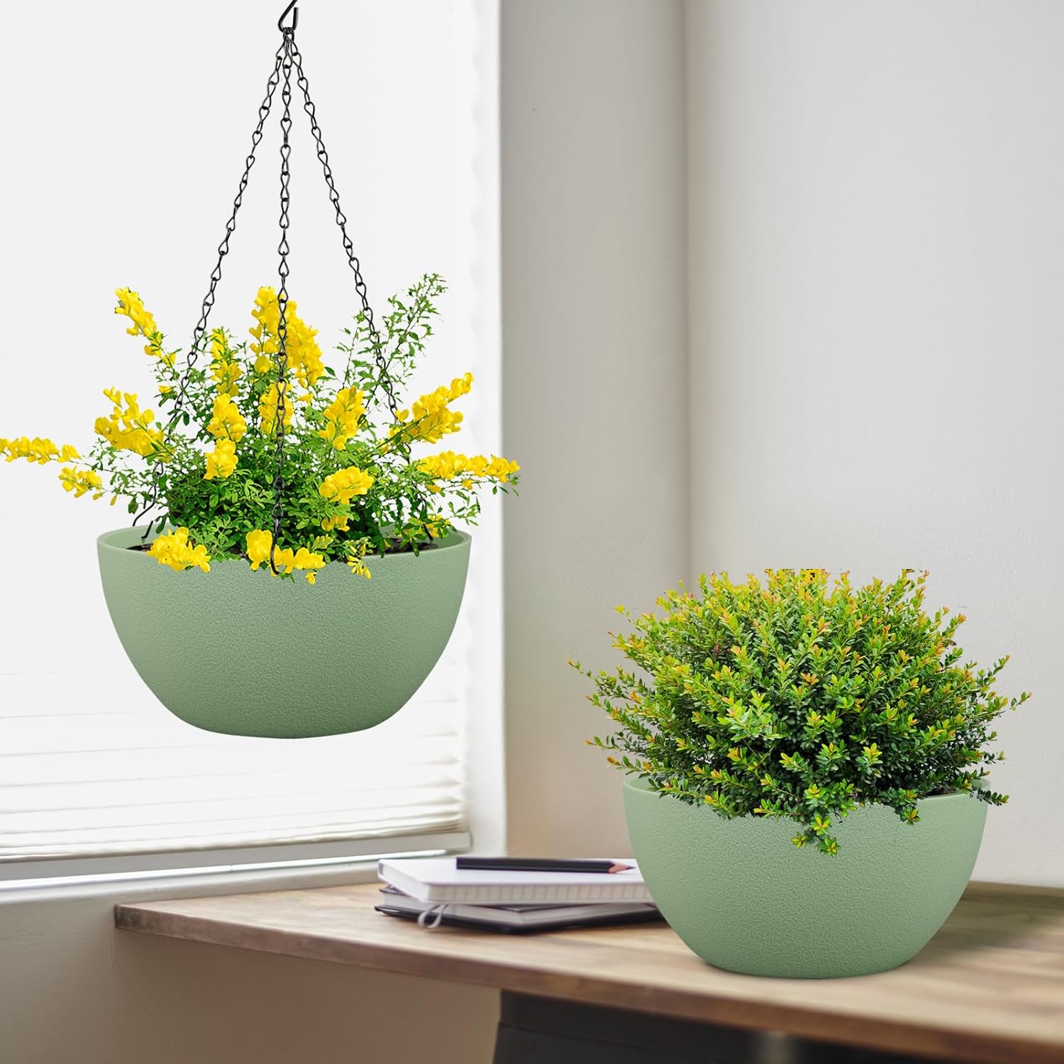 Meowell 10 inch Hanging Planters Plant Pots for Indoor Outdoor Plants, 2 Pack Hanging Flower Pots with Drainage Holes and Chain for Garden Porch, Plastic Hanging Baskets for House Plants, Green