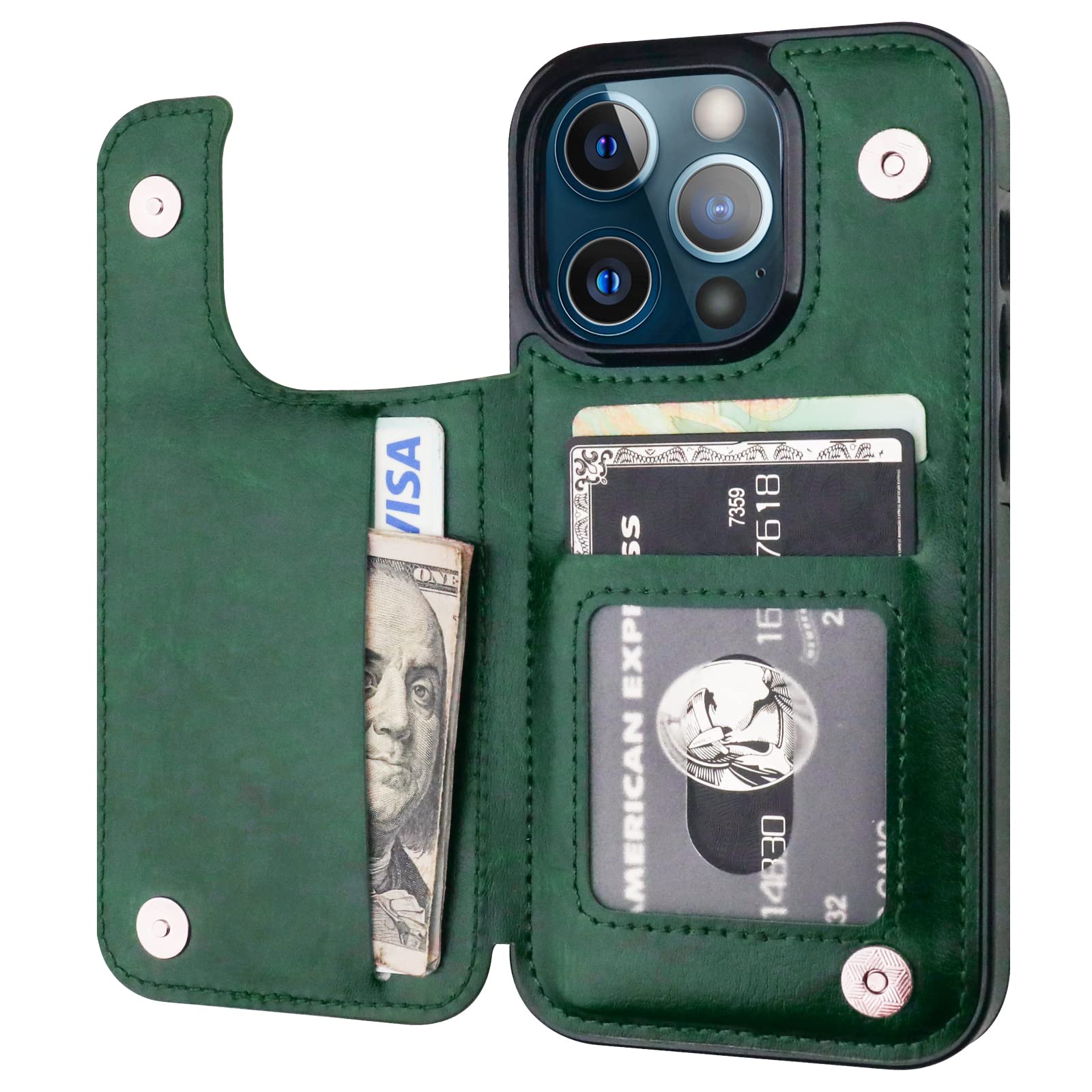 Onetop Compatible with iPhone 13 Pro Wallet Case with Card Holder, PU Leather Kickstand Card Slots Case, Double Magnetic Clasp Durable Shockproof Cover 6.1 Inch(Green)