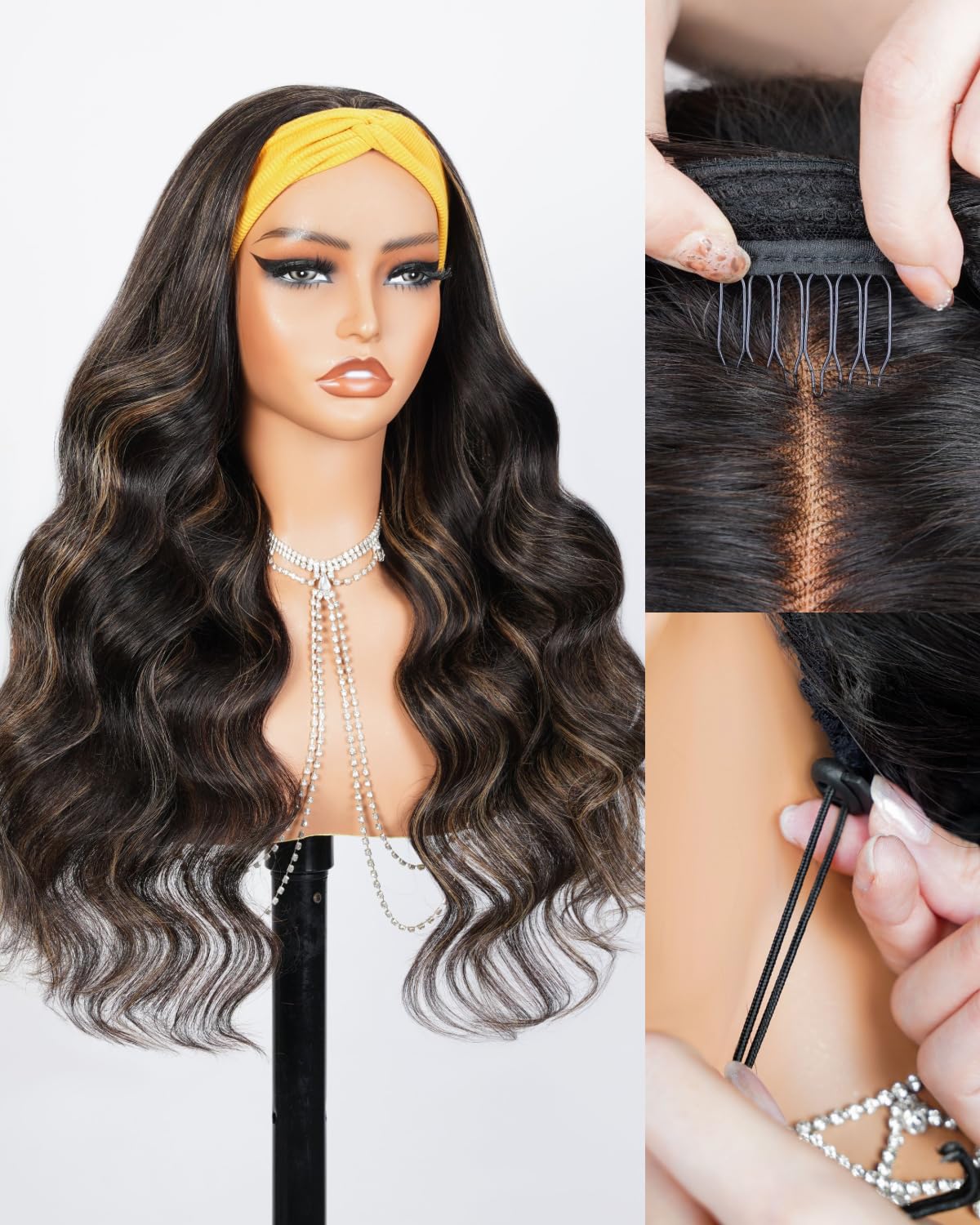 Balayage Half Wig Body Wave Highlight Glueless Wigs Human Hair No Glue No Lace Drawstring Headband Wig 3 In 1 Beginner Friendly Seamless Clip In Wigs 24 Inch