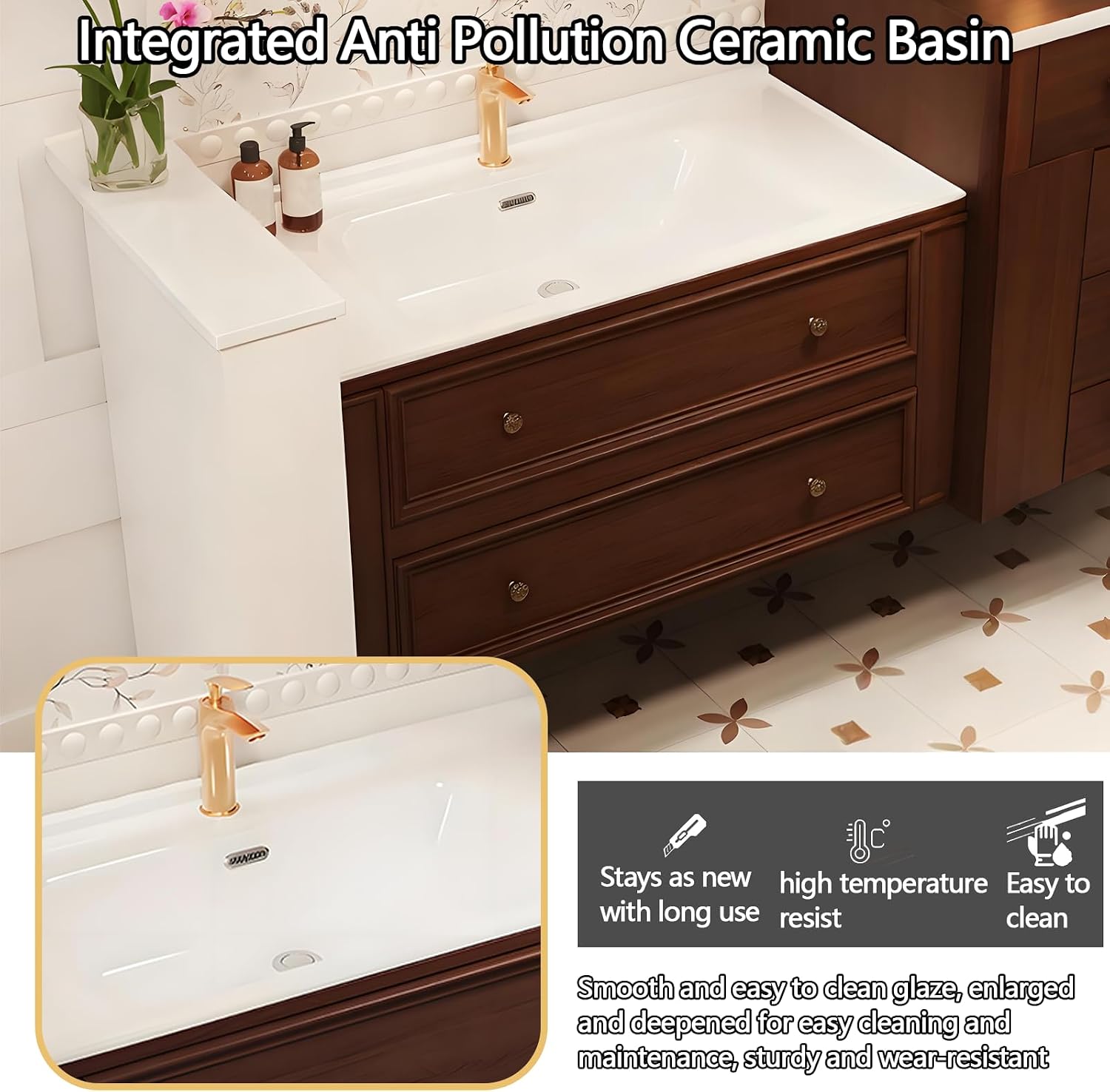 60IN Bathroom Vanity with Sink - Modern Rustic Bathroom Vanity Cabinet with Smart Defogging Mirror, Single Floating Sink, Integration Burning Stone Sink - Complete Accessories,Mirror Cabinet