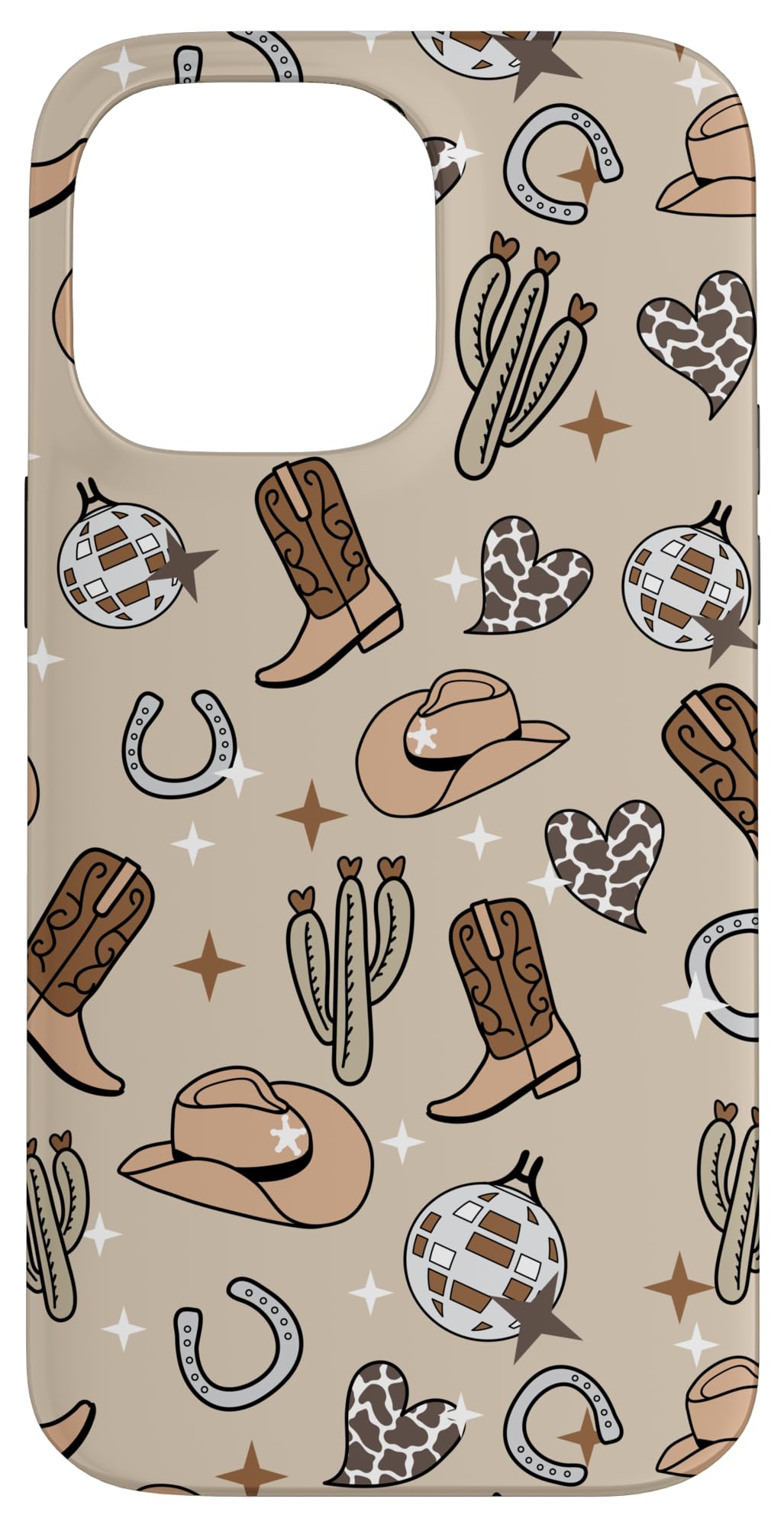 Cowboy Hat & Boot & Disco Ball Pattern Brown Cowgirl Case for iPhone 14 Pro Max