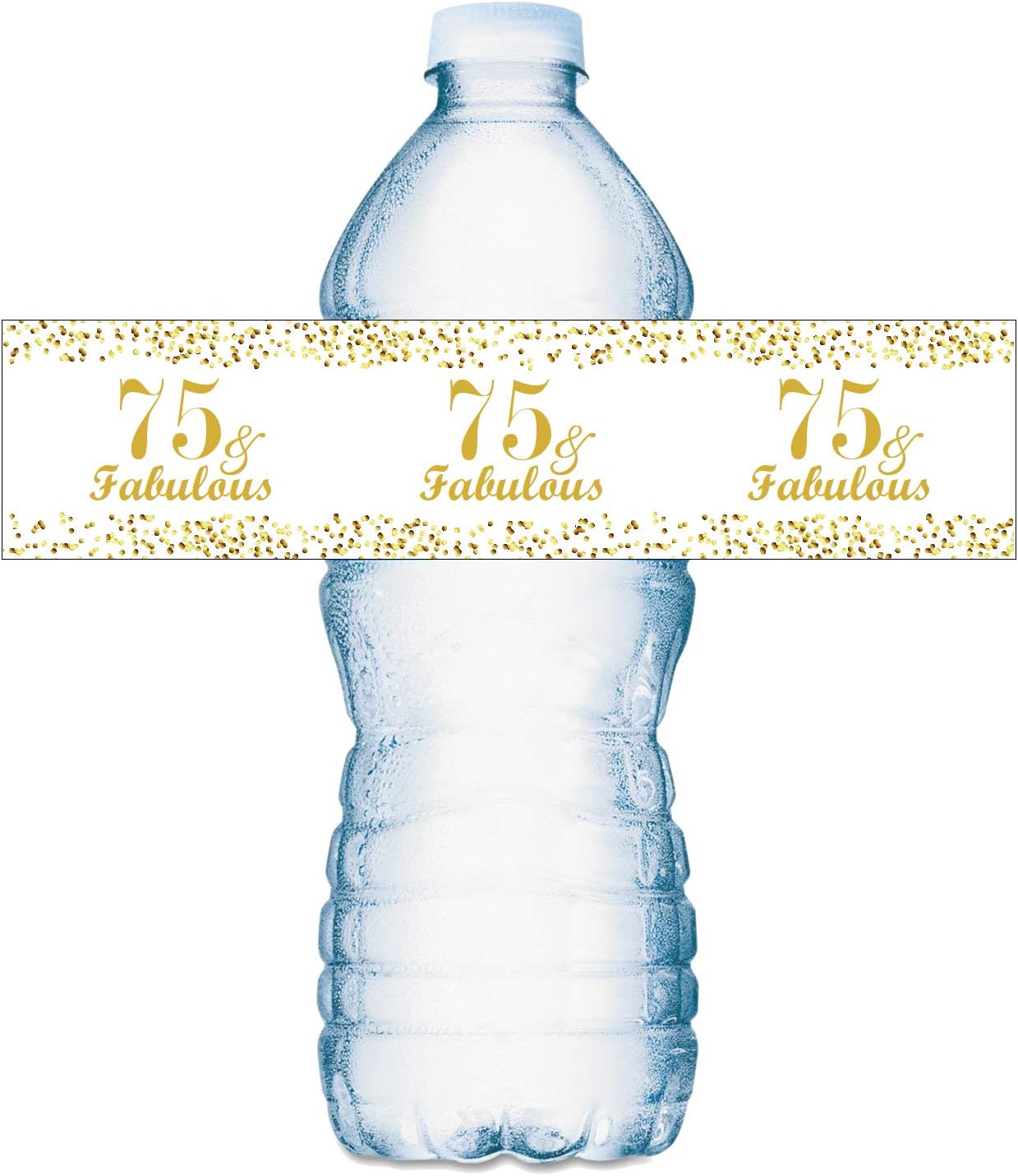 75 & Fabulous Water Bottle Labels; Set of 25 Waterproof Water Bottle Wrappers; Gold and White Stickers. Happy Birthday Labels. Made in USA