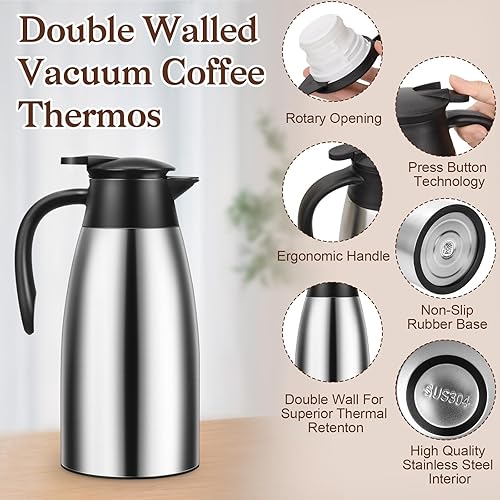 Miniatura 11 de 2 jarras térmicas de café de 68 onzas, jarra de café aislada de acero inoxidable de doble pared al vacío con cepillos termo para mantener el café