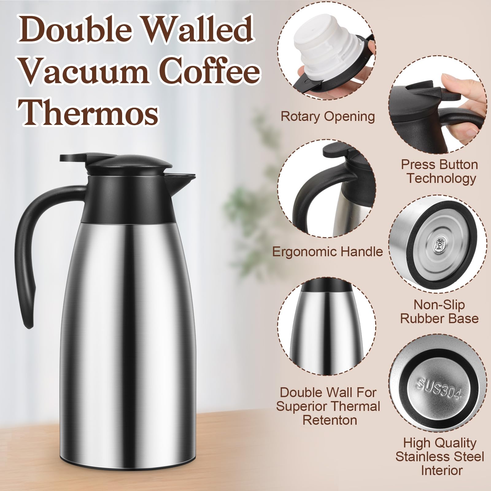 Jarra térmica de café de 68 onzas, jarra de café aislada de acero inoxidable de doble pared al vacío con cepillos, termo de café para mantener el té caliente en casa y la oficina (2 unidades,