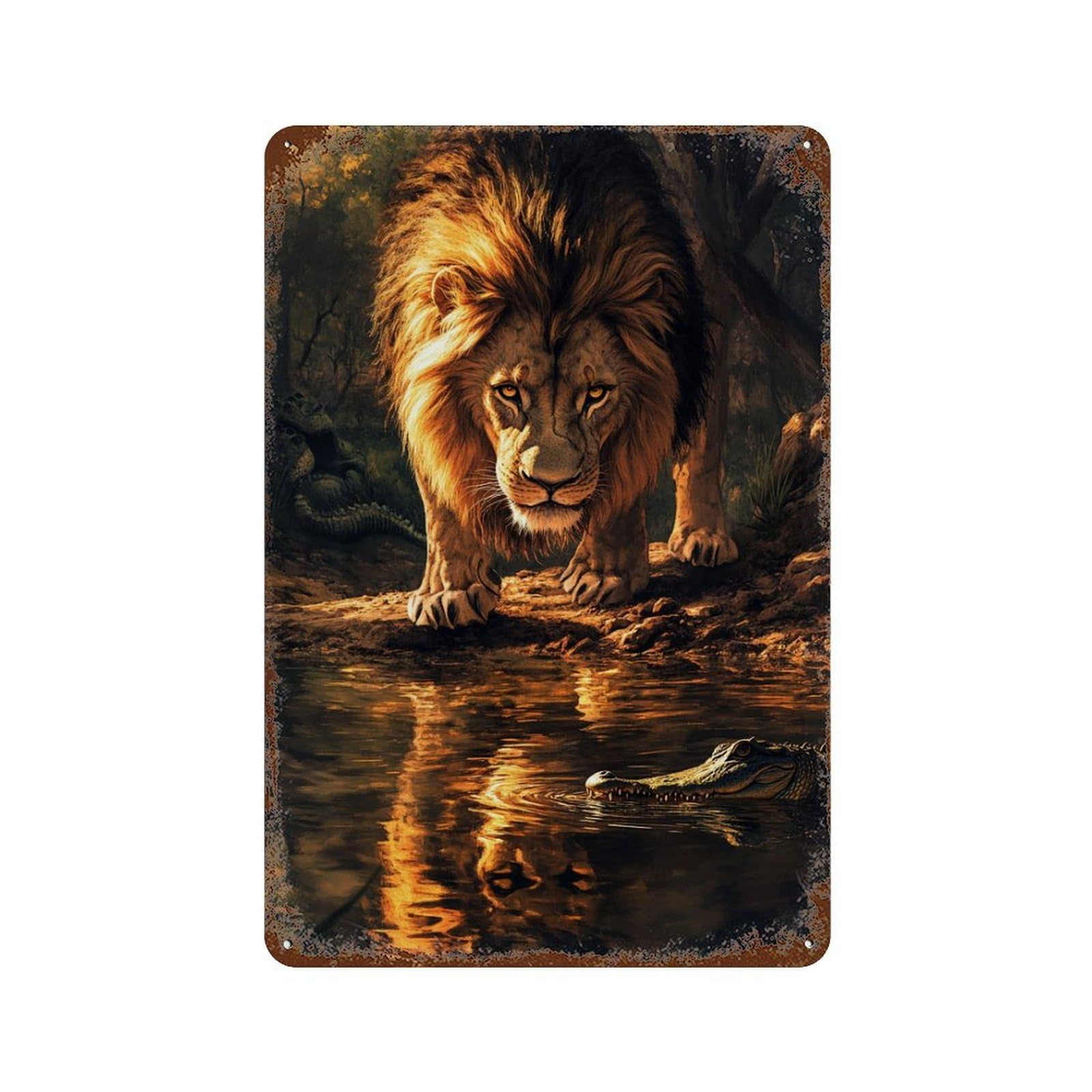 Rust Effect Lion Vs. Crocodile Jungle Showdown-1 Rustic Tin Plaque 11.8"x7.9", Shabby Chic Decor for Basement, Hobby Room And Garage Decor