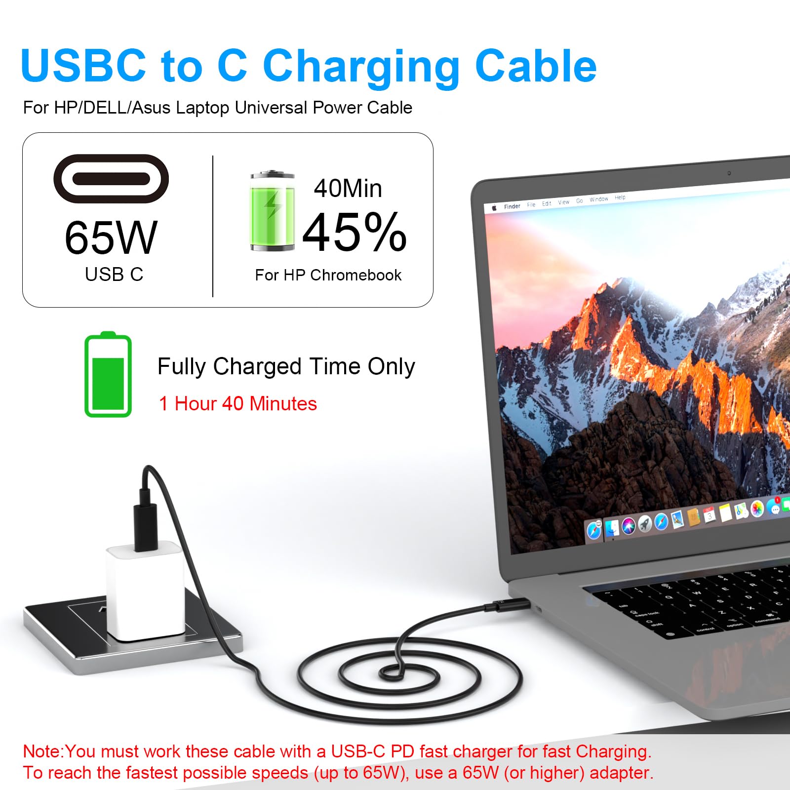 Cable de carga USB C a USB C de 65 W tipo C, cable de carga para laptop HP Spectre Envy/DELL/Chromebook/Thinkpad Yoga/Asus/Acer, para Samsung/MacBook Pro Mini portátil, cable de alimentación de