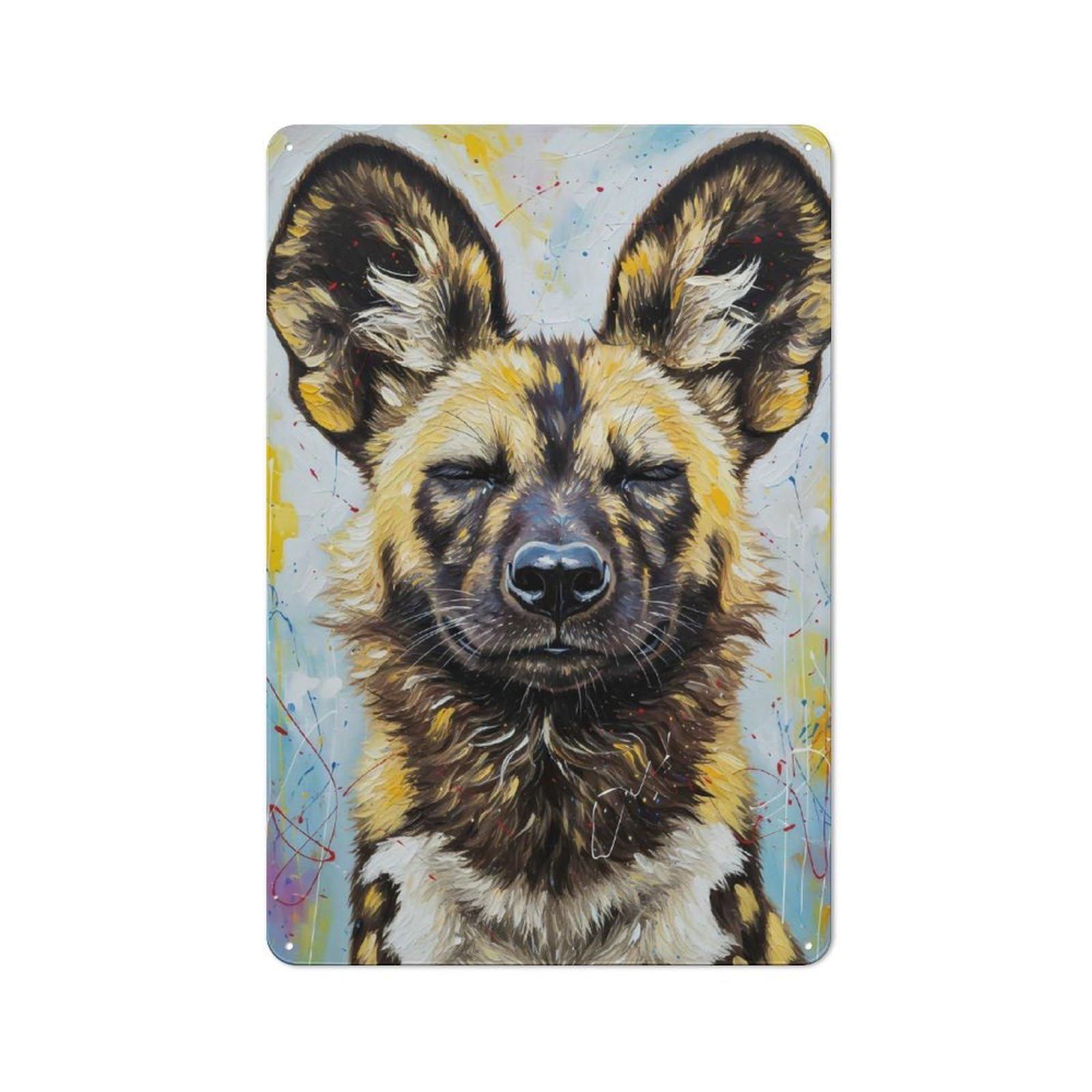 Junmoney Painted African Wild Dog Portrait Vintage Tin Sign 30X20cm For Hobby Room Or Studio, A New Home Present For Creative Interior Collectors