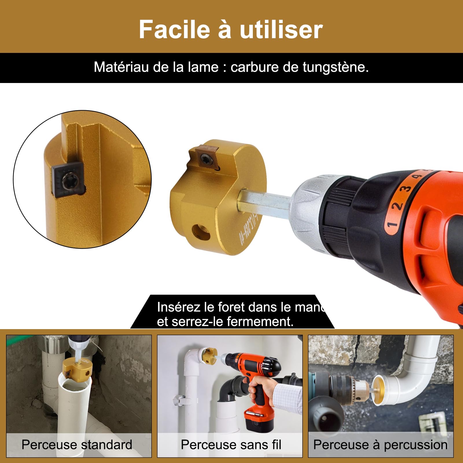 Kits d'alésoir de tuyau en PVC à lame équilibrée, économiseur de raccord en PVC, alésoir rapide et facile pour plomberie (1-1/2")