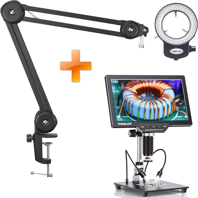 TOMLOV DM202 HDMI Digital Microscope + Flexible Arm Stand +Ring Light,10.1" LCD Microscope,16MP Coin Microscope Camera with Screen for Adults, Micro Soldering Microscope, TV/Windows/Mac Compatible