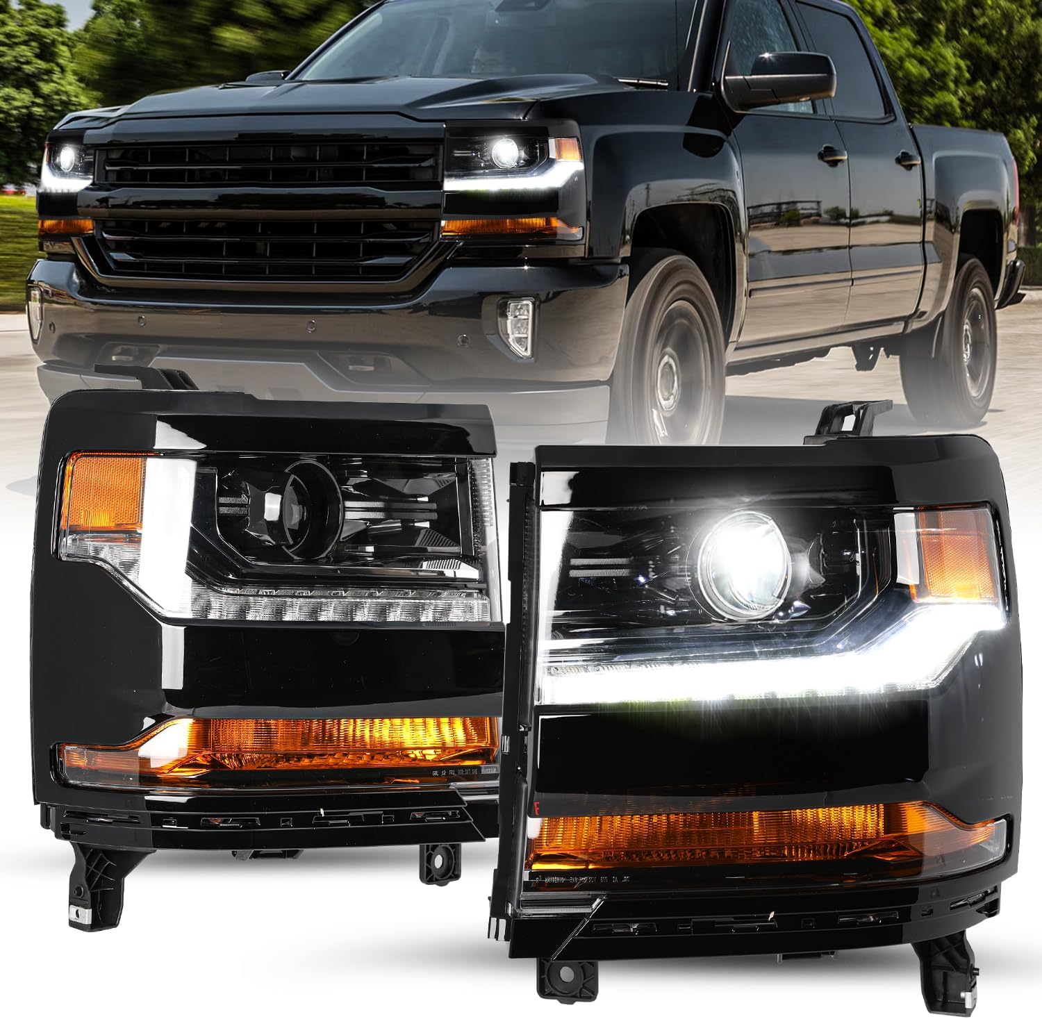 Photo 1 of 1    Headlight Assembly Fits for 2016 2017 2018 Chevy Silverado 1500 Pickup HID/Xenon Projector Headlights Replacement Factory Headlamp Driver & Passenger Side 