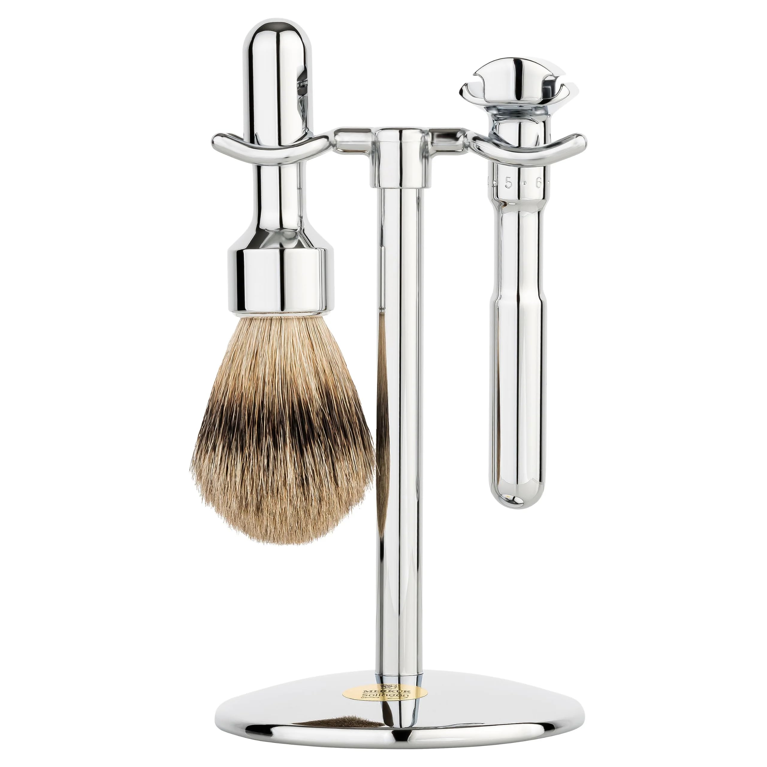 MERKUR Rasierset Glanzchrom 781001 | Zweiteiliger Rasierer mit einstellbarem Klingenspalt | Ideal für Nassrasur | Zink, Messing, Aluminium, Stahl, Naturhar | Made in Germany