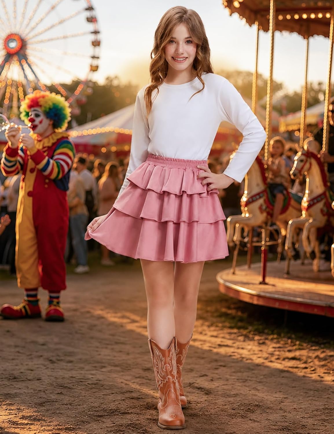 Mirawise Girls Faux Suede Skirt Boho Tiered Ruffle Cowgirl Mini Skort 4-13Y