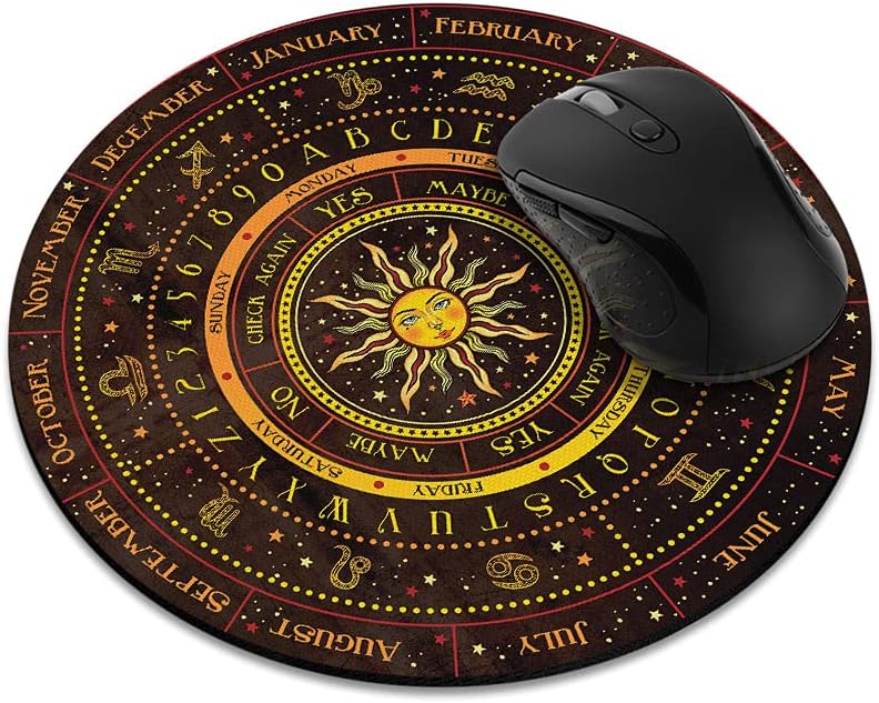 Non-Slip Round Mousepad, WIRESTER Pendulum Board Design Mouse Pad for Divination Metaphysical Message Wiccan Altar Witchcraft, Celestial Sun Stars Yellow Brown