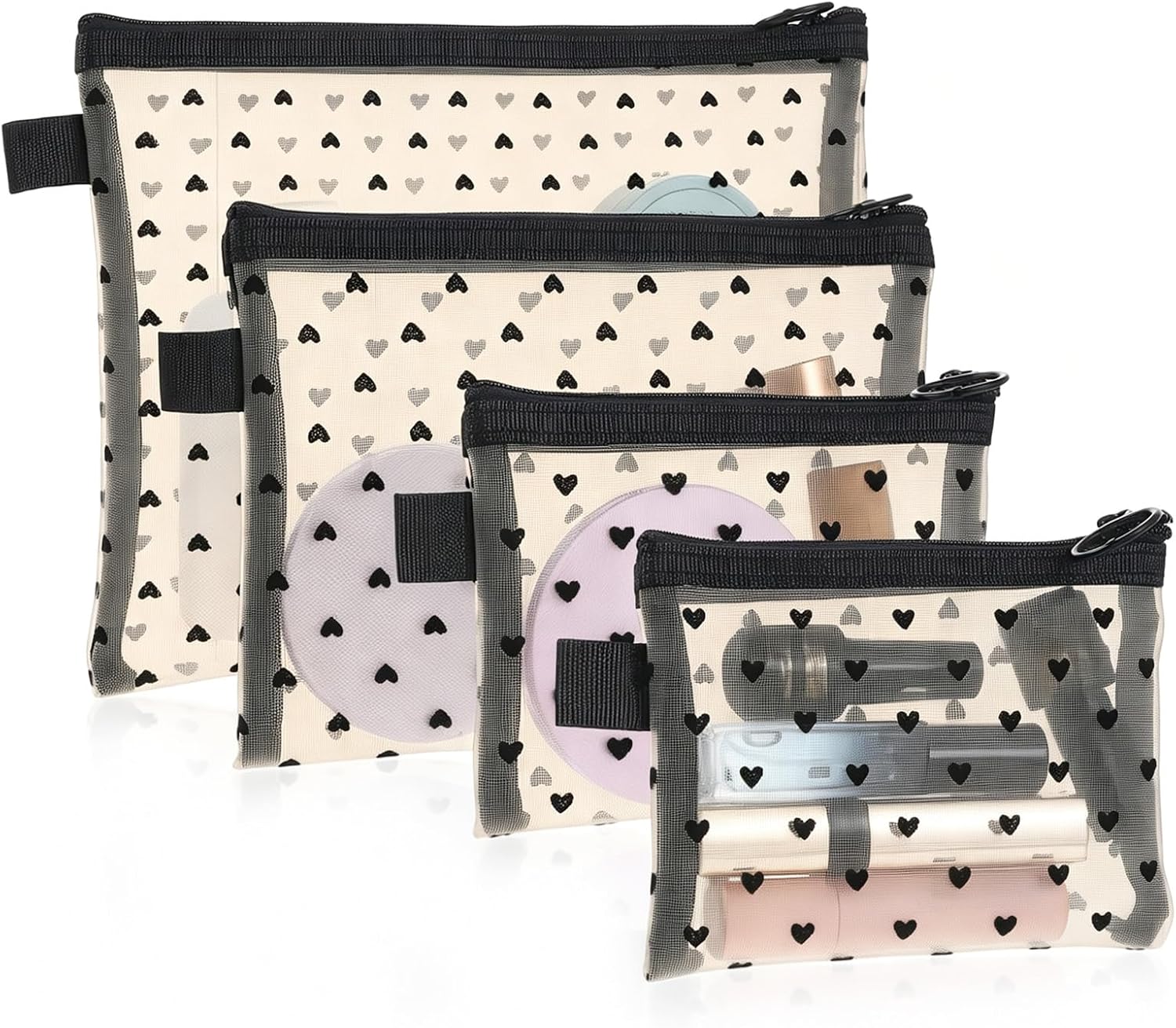 4pcs Heart Print Storage Pouch, Heart Print Toiletry Bag Set
