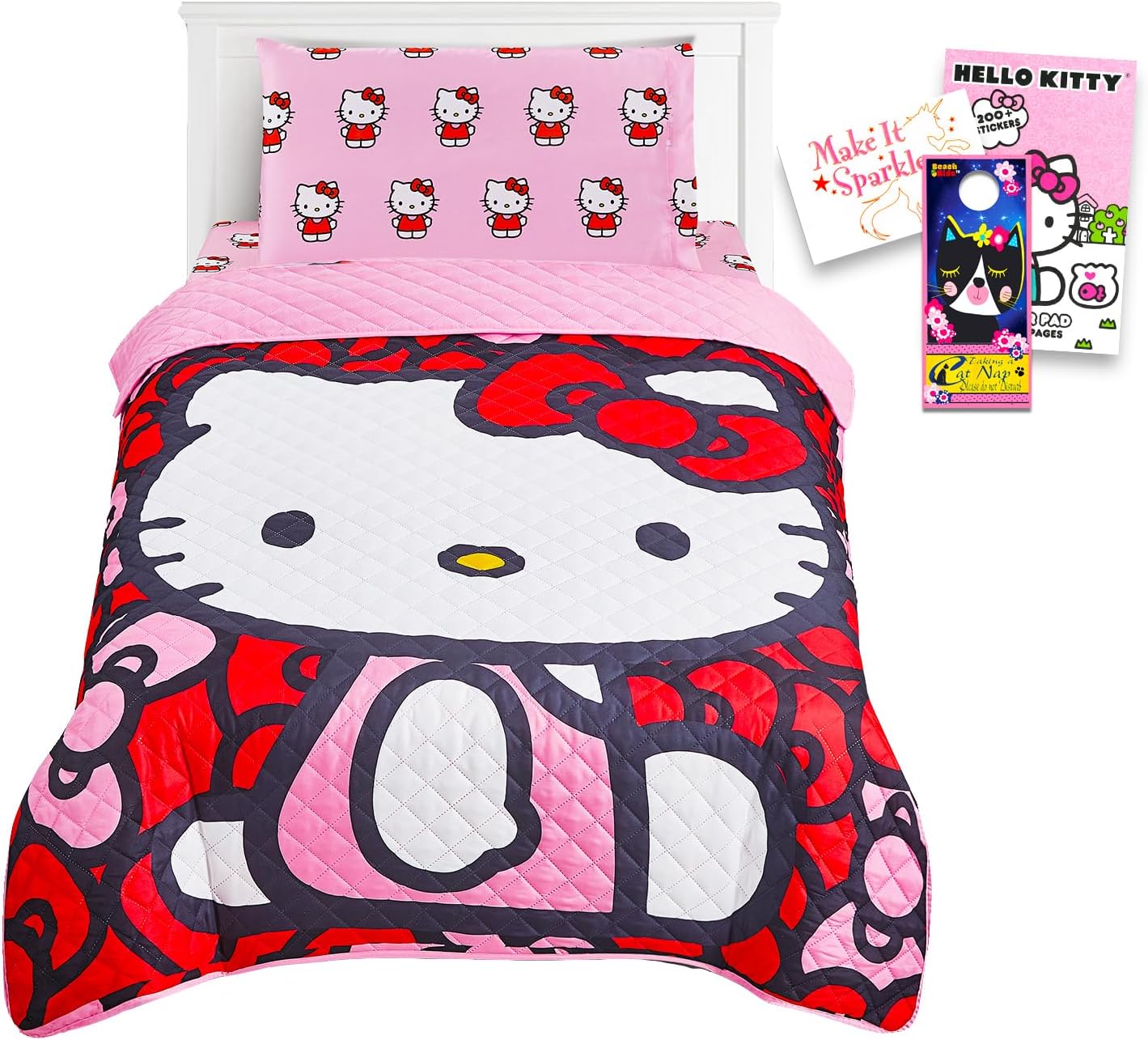 Hello Kitty Twin Bedding Set - Bundle of Hello Kitty Bedspread, Flat Sheet, Fitted Sheet, Pillowcase, Decals, More | Room Decor