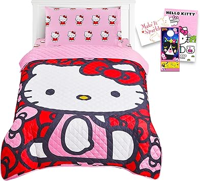 Hello Kitty Twin Bedding Set - Bundle of Hello Kitty Bedspread, Flat Sheet, Fitted Sheet, Pillowcase, Decals, More | Room Decor