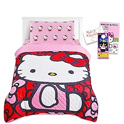 Hello Kitty Twin Bedding Set - Bundle of Hello Kitty Bedspread, Flat Sheet, Fitted Sheet, Pillowcase, Decals, More | Room Decor