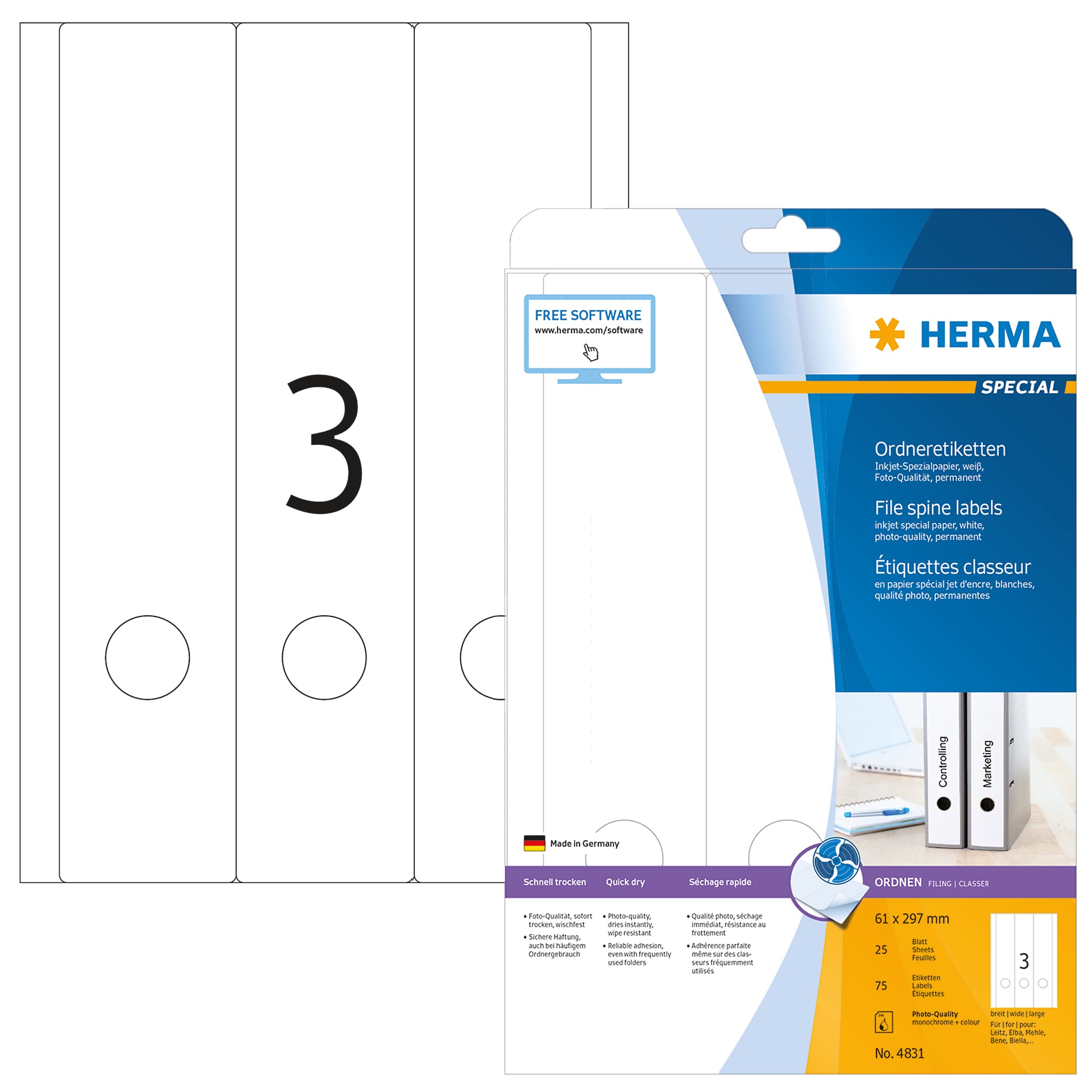 HERMASelf Adhesive Lever Arch File Labels, 3 Labels Per A4 Sheet, 75 Labels For Inkjet Printers, White, 61 x 297 mm (4831)
