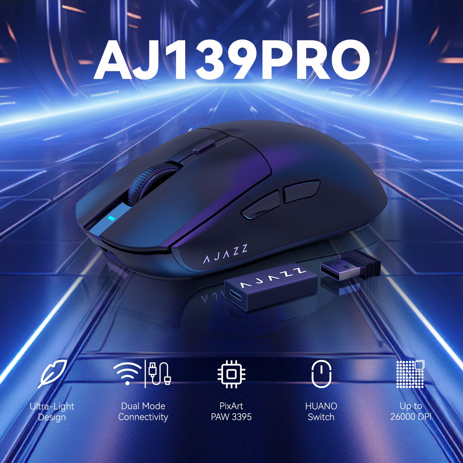 ATTACK SHARK AJAZZ AJ139PRO Ratón inalámbrico para Juegos 4K, Ultraligero (65g), Sensor PAW3395, 26000 dpi, 4KHz, 2,4 GHz/USB C con Cable, 6 Botones de Programa, batería de 700 h, PC/Mac - Negro