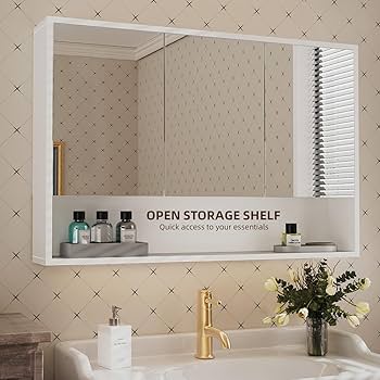 VASAGLE Mirror Cabinet Bathroom Cabinet Storage Cabinet With 3 Doors Bathroom 15 X 90 X 60 Cm With Adjustable Shelves Modern White BBK032W01