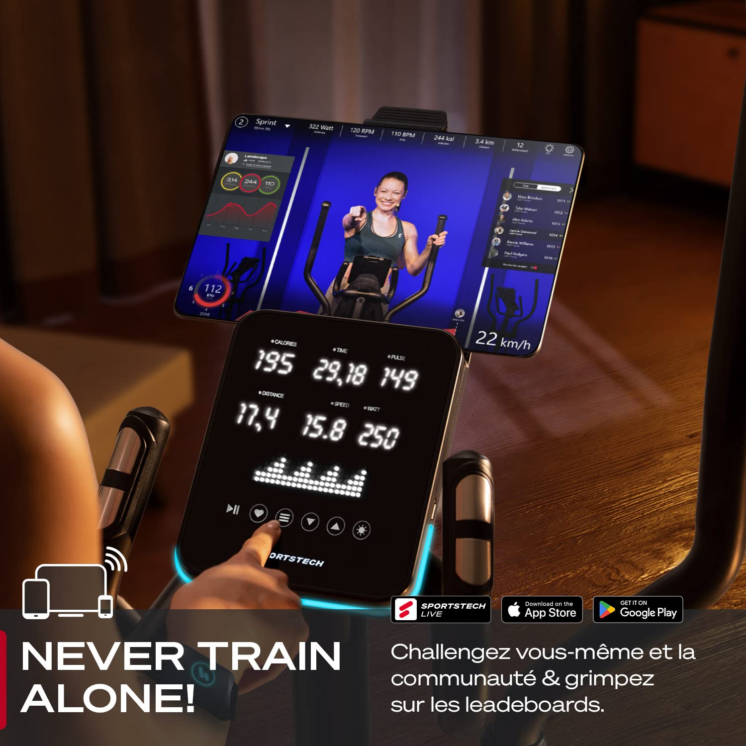 Sportstech CX700 avec Technologie LED innovatrice | Appareil Professionnel, vélo elliptique pour la Maison | 12 programmes | avec système de freinage magnétique de 24 kg | Marque de qualité Allemande
