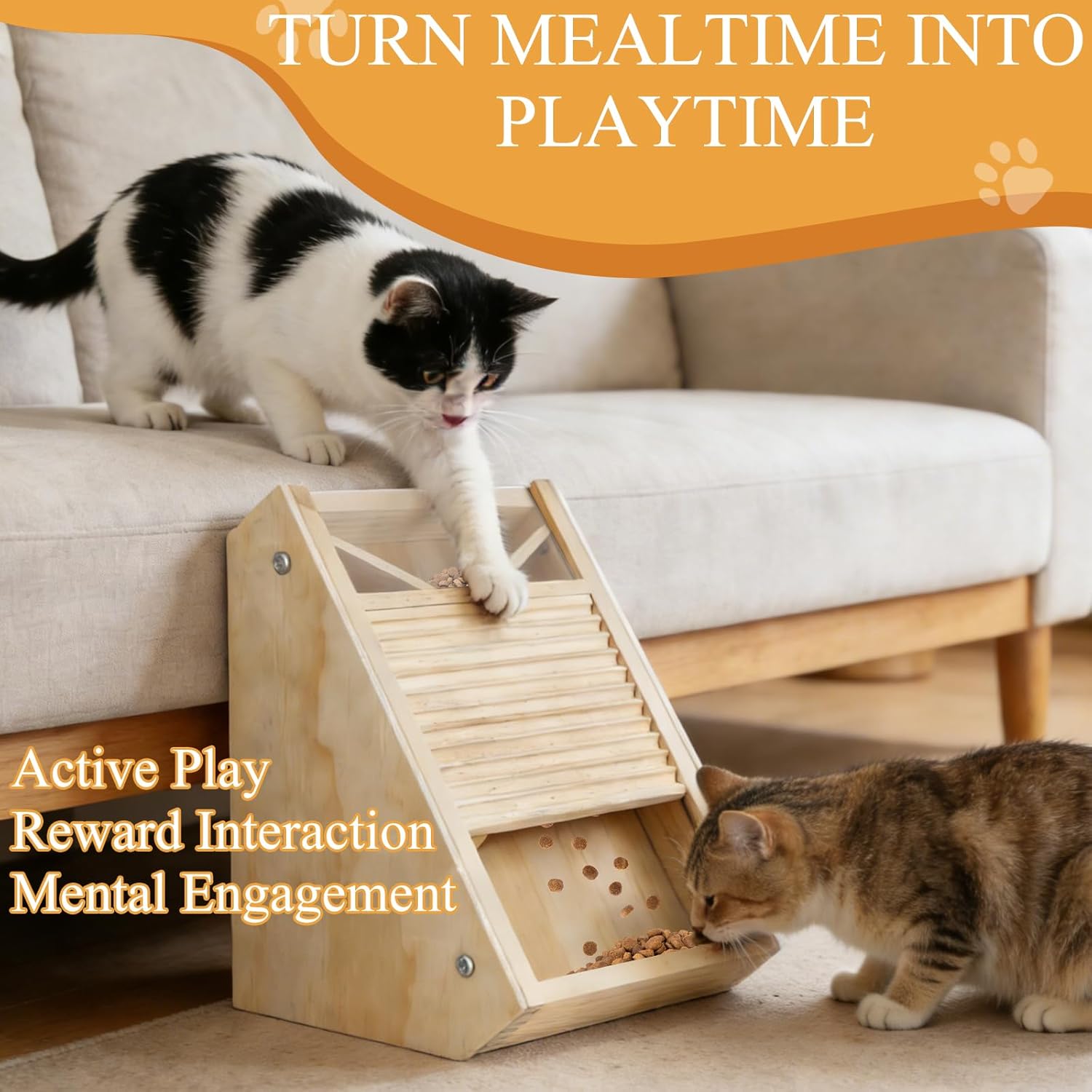Interactive Cat Treat Toy – Wooden Food Dispensing Cat Toy for Indoor Cats, Paw-Activated Reward Feeder, Cat Enrichment & Puzzle Toy for Mental Stimulation