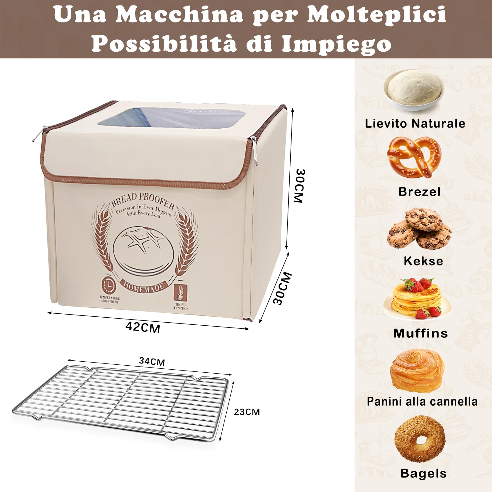 Scatola Lievitazione Pane con Riscaldamento, Cestino Pieghevole per Lievitazione Dell'impasto con Coperchio, Regolazione Temperatura e Controllo Tempo, Cestini di Lievitazione per Pane, Pizza, Yogurt