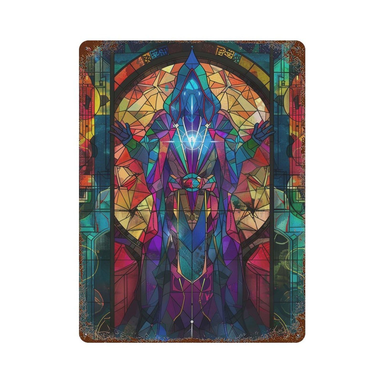 Stained Glass Caster 15.7"x11.8" Rusty Metal Tin Sign, Shabby Chic Decor for Bistro, Counter And Cafe Decor
