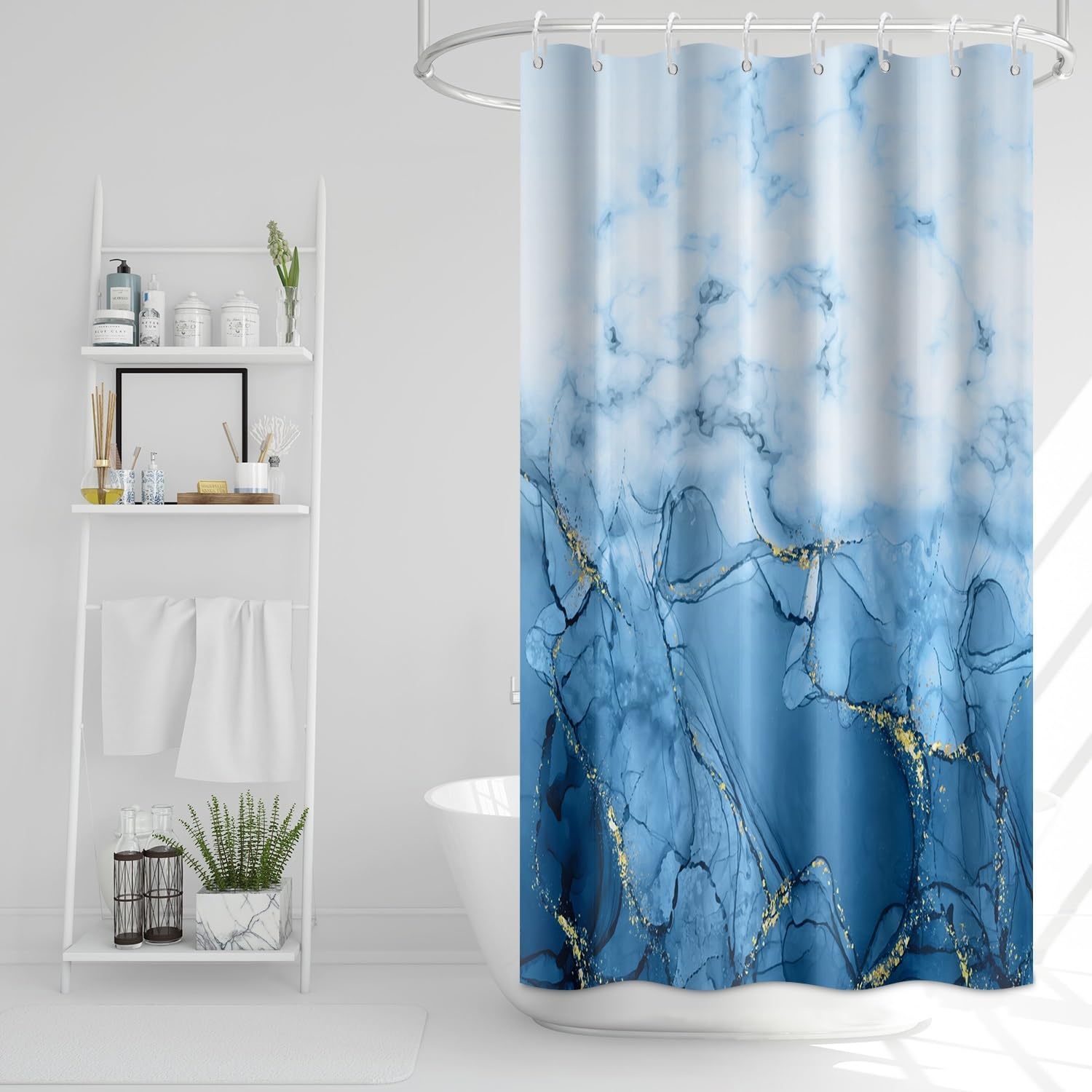 Rideau de douche bleu clair anti-éclaboussure marbre abstrait lavable en machine