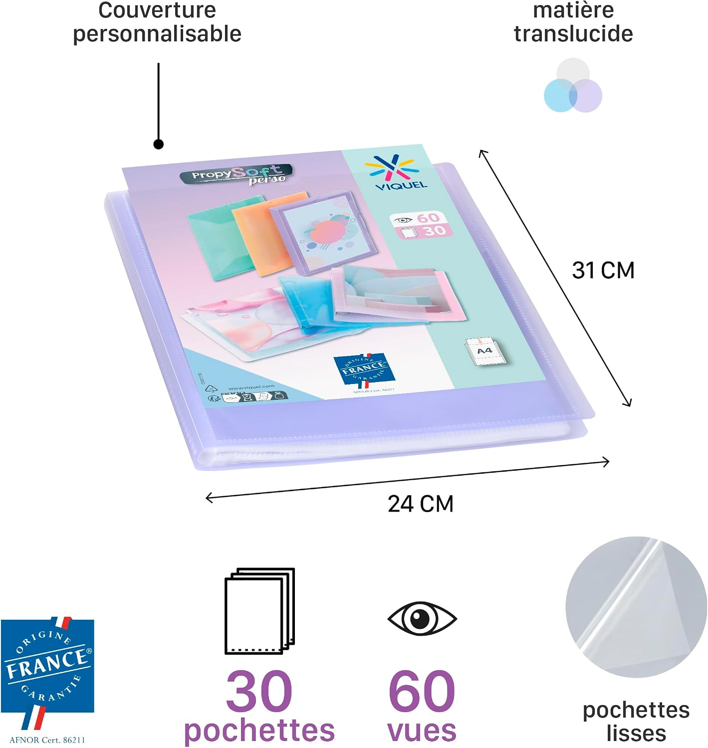 Viquel - Customisable Document Protector - A4 Size Binding - 60 Views (30 Pockets) Propysoft - Transparent and Smooth Pockets - Translucent Purple