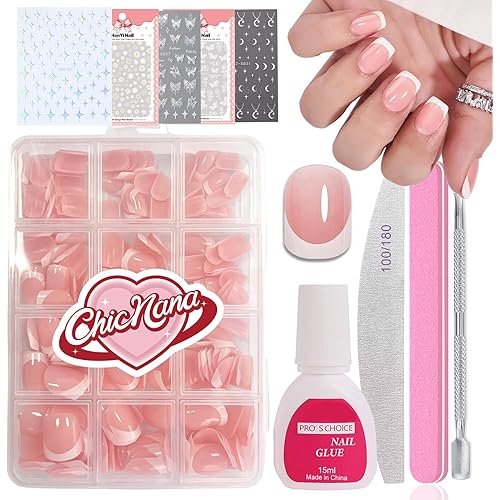 French False Nails Set, Press on Nails with Glue 240Pcs Short Square Fake Nails French Tip Nude Pink Color Glossy Full Cover Glue on Nails Art Manicure for Girls Women (Extra Short Square)