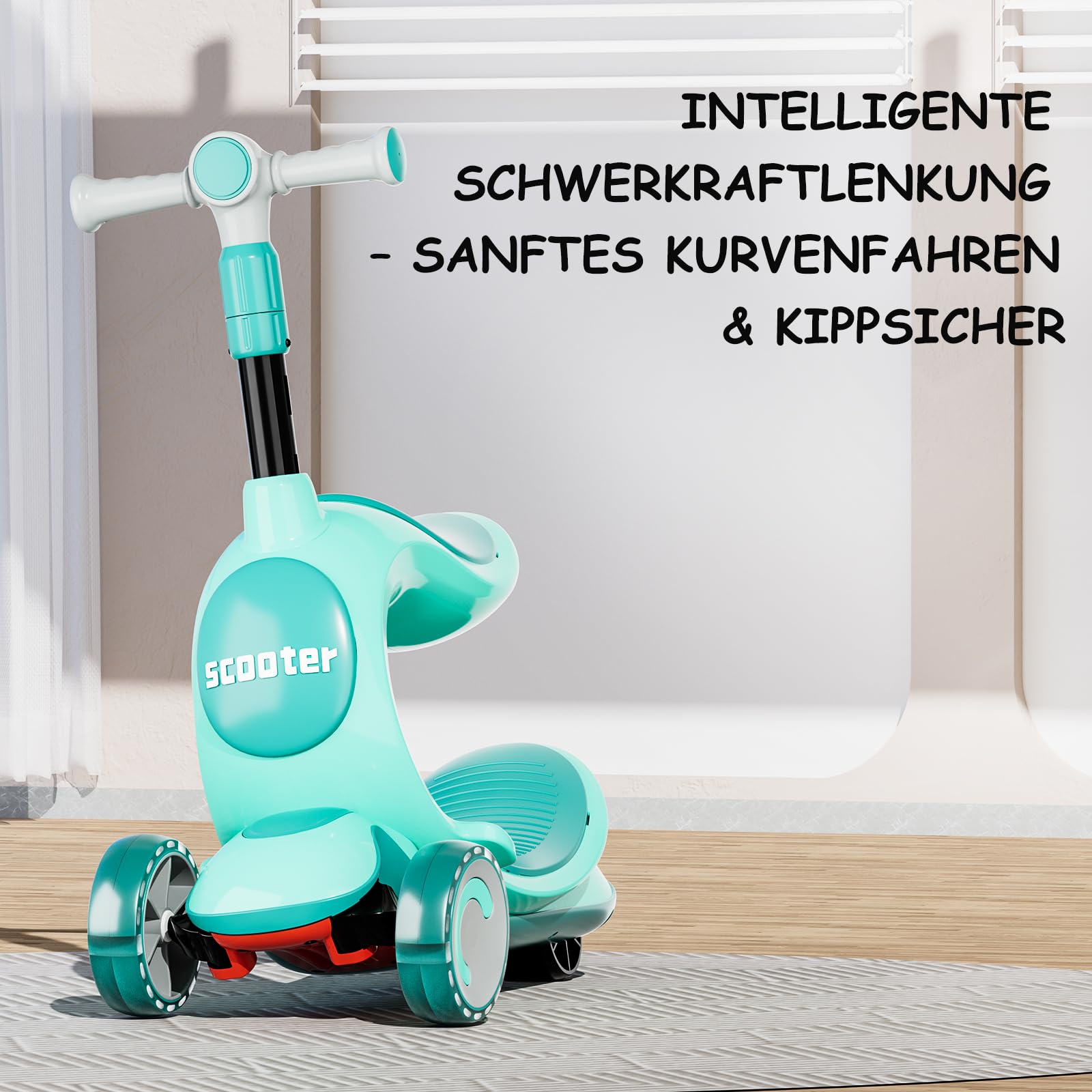 Habib Kinderroller Tretroller – 3-in-1 Scooter mit Sitz, LED Rädern, Höhenverstellbar & Faltbar – Sicher & Robust für Kleinkinder bis Schulkinder