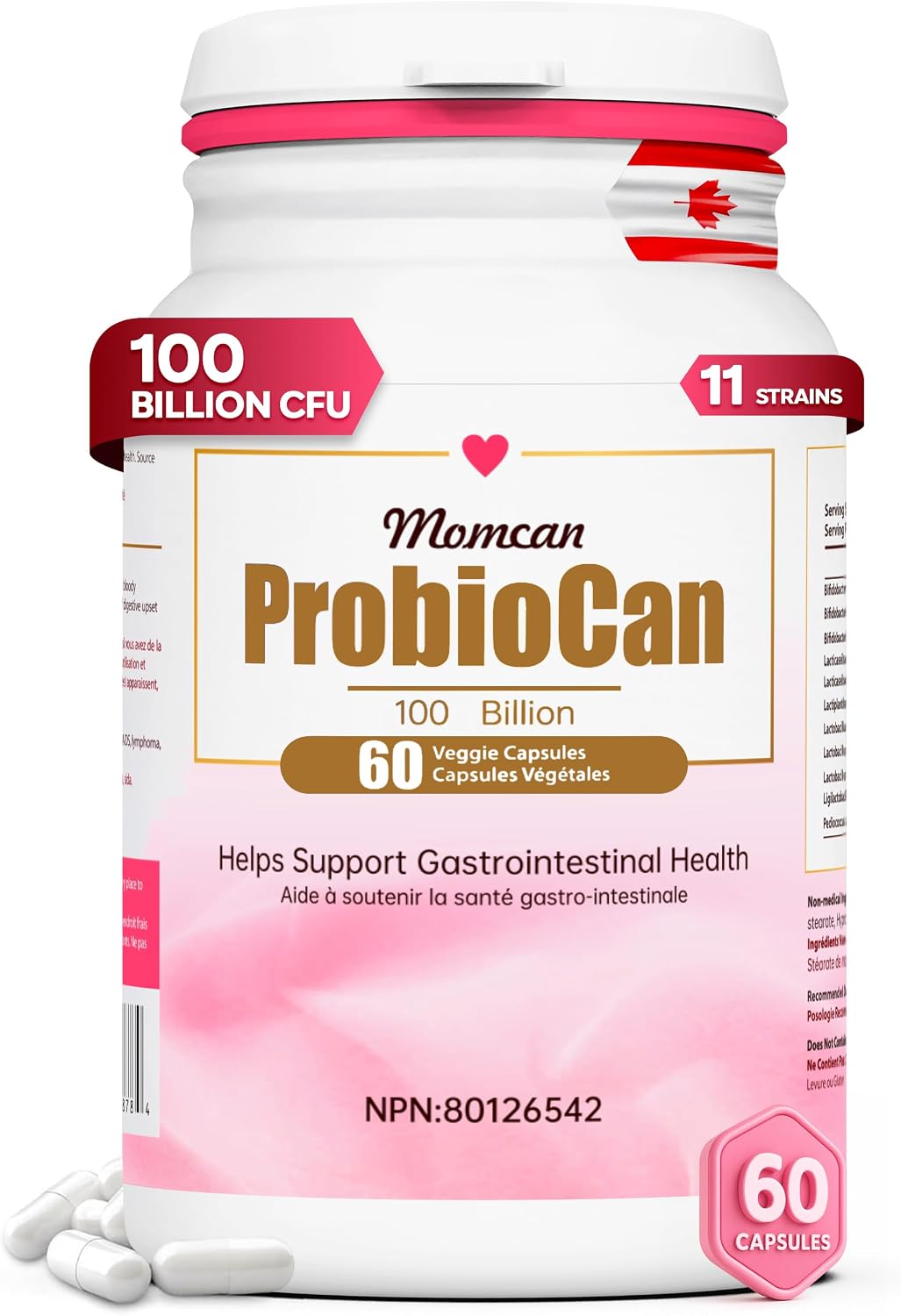 ProbioCan 100 Billion CFU - High-Potency, 11 Strains Men & Womens Probiotic for Gut Health, Digestion & Microbiome Balance, Non-GMO, Gluten-Free Gut Supplement - 60 Vegan Capsules - Pack of 1