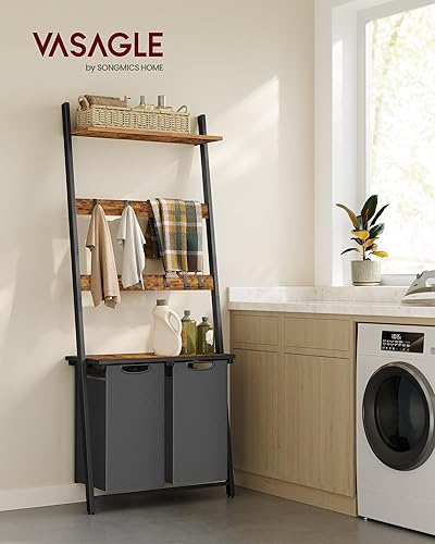 Miniatura 2 de VASAGLE Laundry Basket, 2-Section Laundry Hamper with Blanket Ladder, Pull-Out and Removable Liners, Shelf, 5 Hooks, 2 x 12.1 Gallons, 28.7 x 13 x