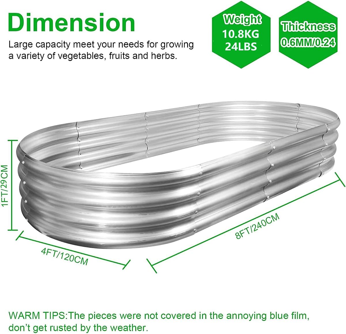 Paquete de 2 camas de jardín elevadas de 8 × 4 × 1 pies, macetero galvanizado ovalado, camas grandes de acero Matel para patio trasero al aire libre para verduras, flores, hierbas y plantas