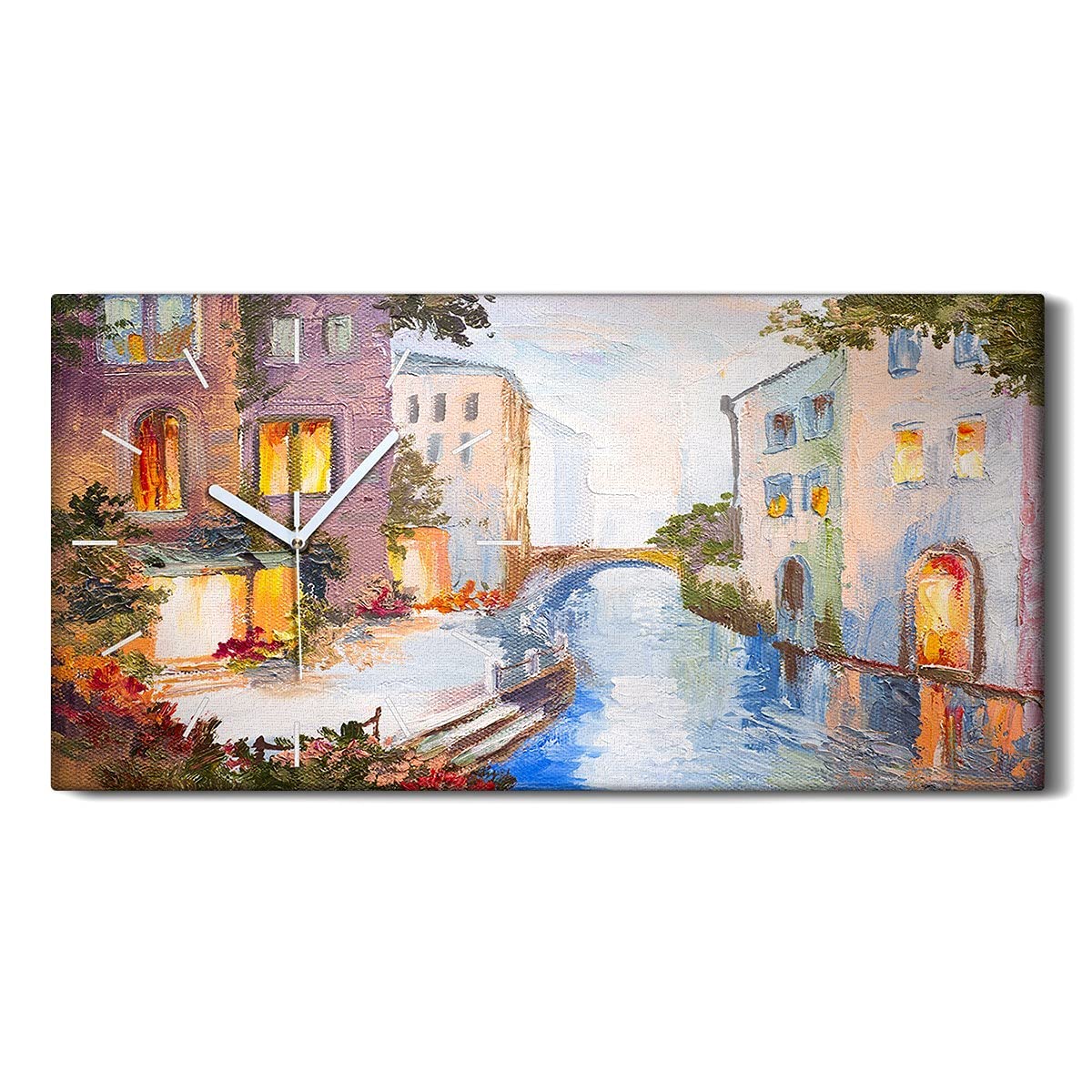 Horloge sur Toile pour Salon et Chambre Image Art Moderne Abstrait Pont et Fleurs 60x30cm