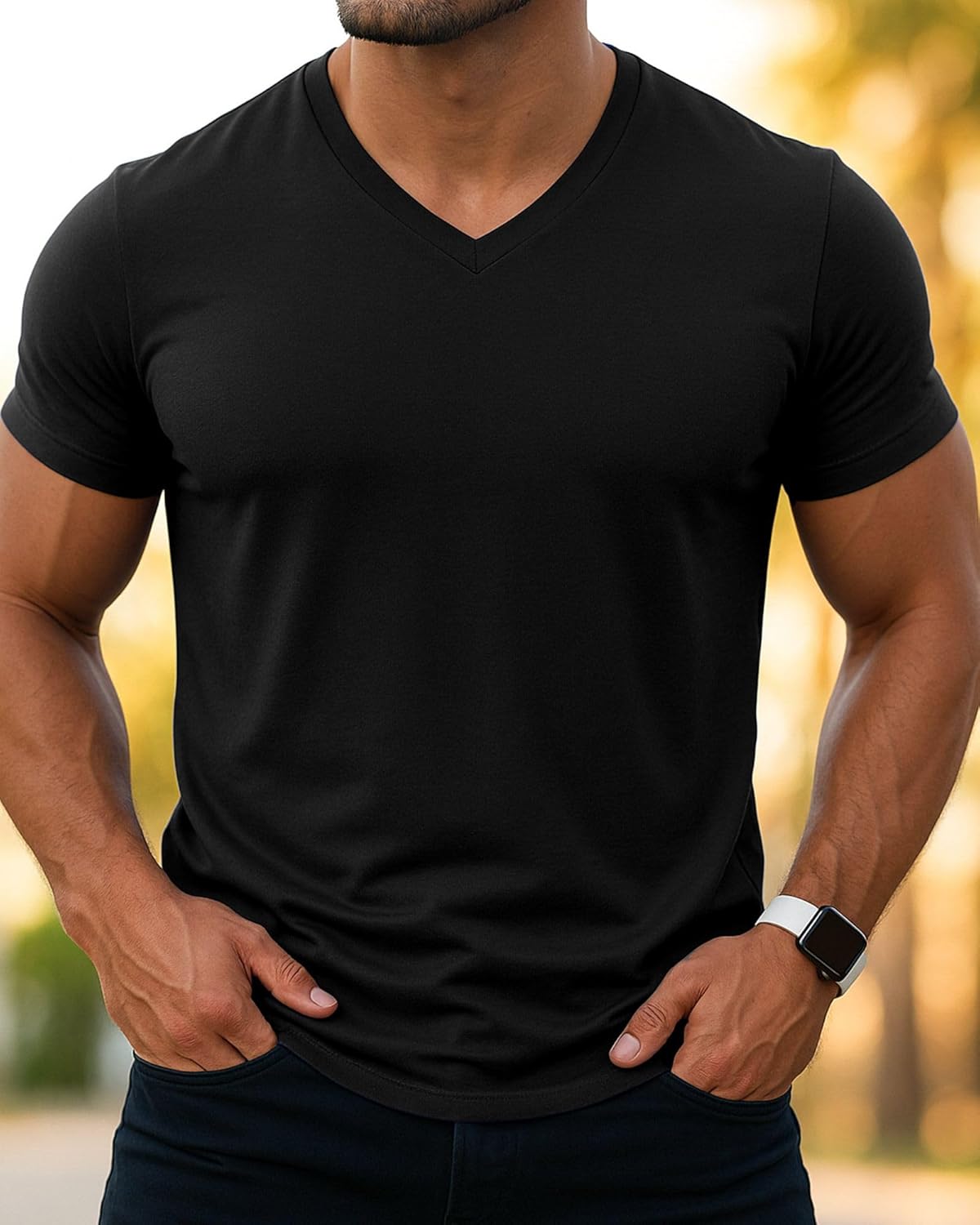 Men's V-Neck T-Shirt, Outdoor Solid Color, Casual Quick Dry Short Sleeve, Blue