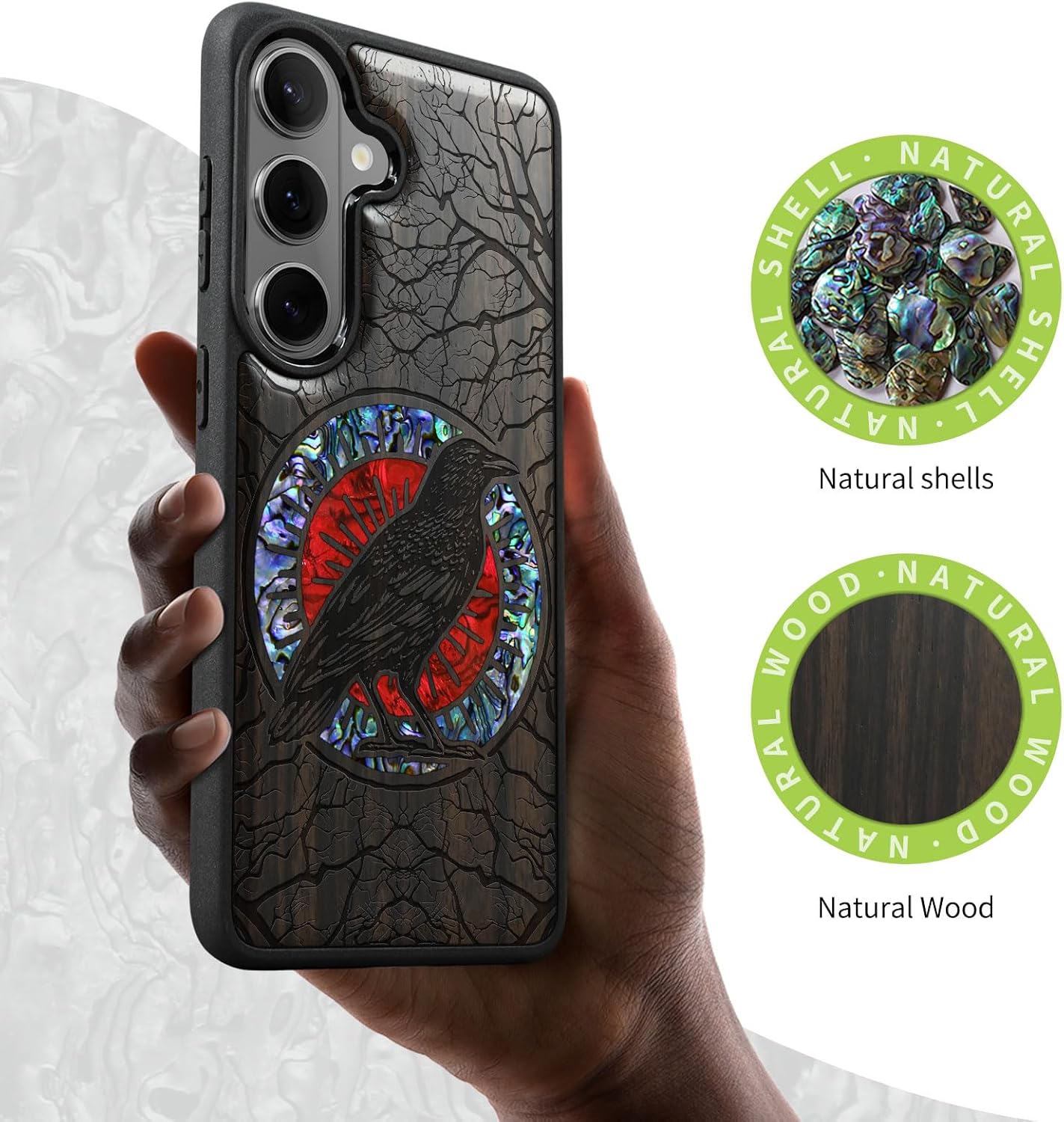 Carveit Magnetic Wooden Case for Galaxy S26+ / S26 Plus Case, Wood Artisan Engraved & Handmade Shell Inlaid, Compatible with MagSafe Wireless Chargers (The Haloed Crow) Blackwood