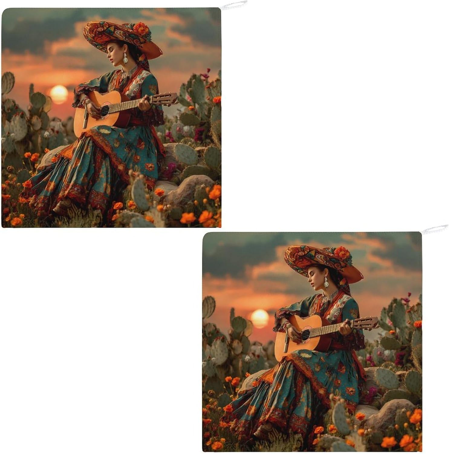 Mexican Woman Playing Guitar Cactus Hand Towels for Bathroom Handkerchief | Absorbent,with Hanging Loop,Kitchen Towels,for Home Hotel,Soft