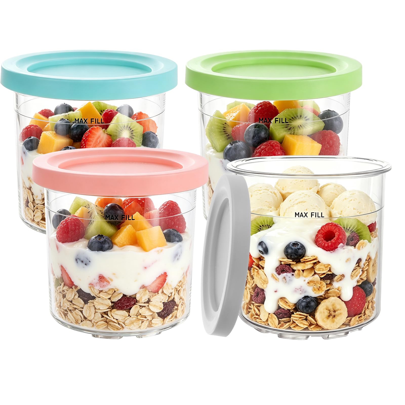 Swylexn 4Pcs Creami Deluxe Tubs with Color Lids, 11x9x10.5cm Swirl Tubs, Reusable Ice Cream Tubs With Lids, Ice Cream Containers with 4 Spoons and Aluminium Spoons, Ice Cream Cups for Yogurt