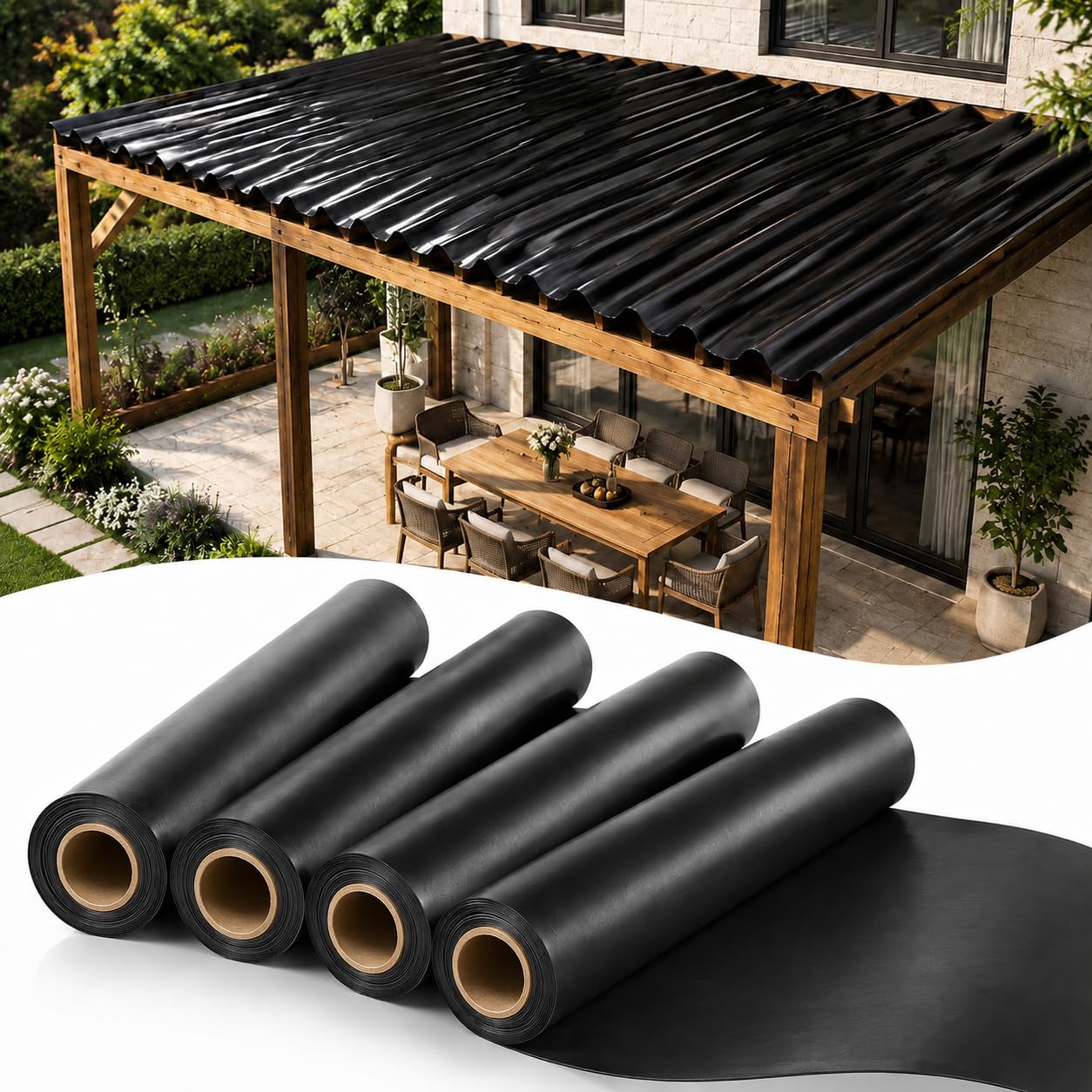 Paquete de 4 sistemas de drenaje para debajo de la cubierta de polietileno de alta densidad negro de 20 pulgadas x 50 pies, membrana impermeabilizante M081 de 0.5 mm de grosor para cubiertas elevadas
