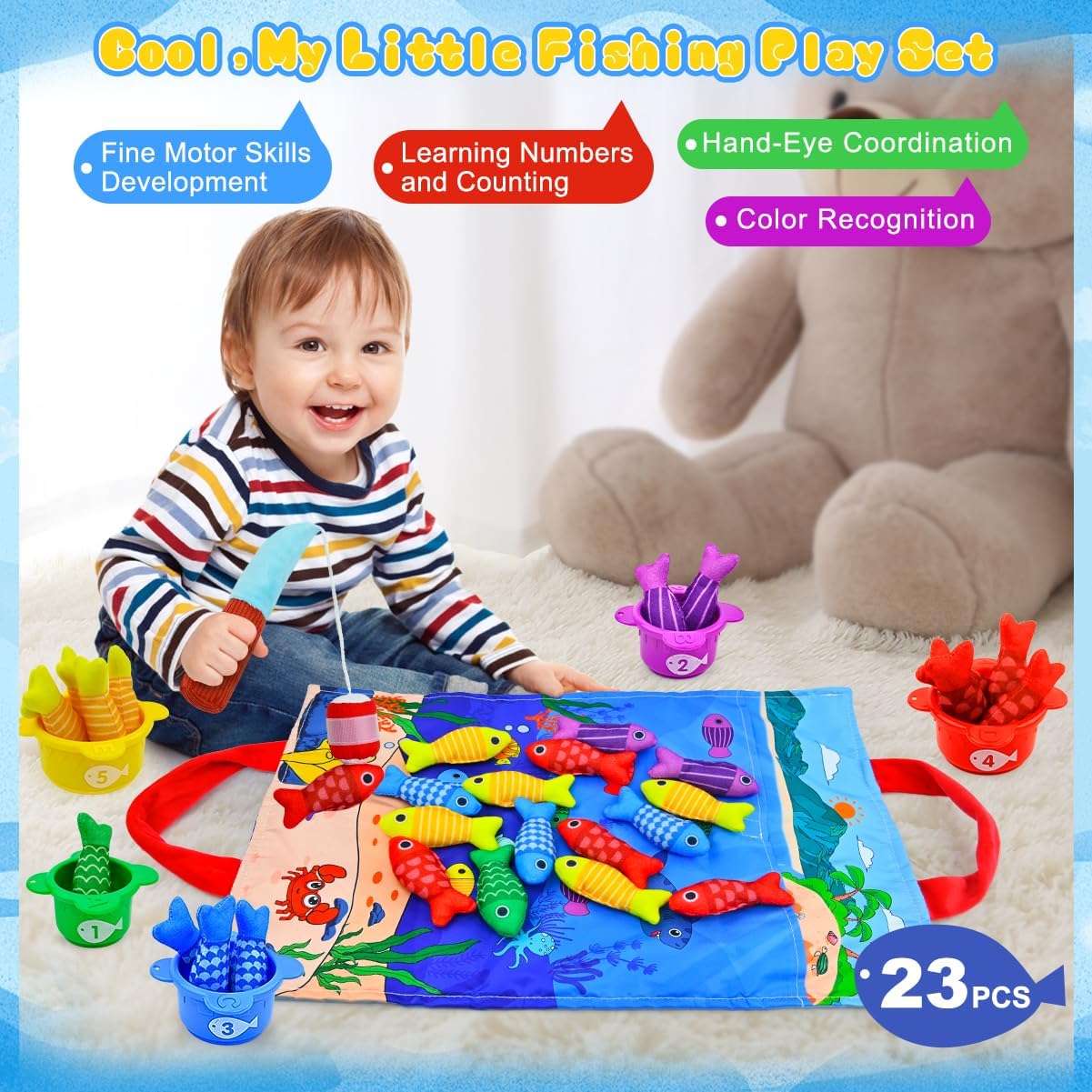 Montessori Toys for 1+ Year Old – 23 PCS Fishing Game Toys with 2 Poles & 15 Fish, 10-in-1 Cloth Fishing Toys for Counting, Color & Shape Learning, Easter Birthday Gifts for 1+ Year Old Boys Girls