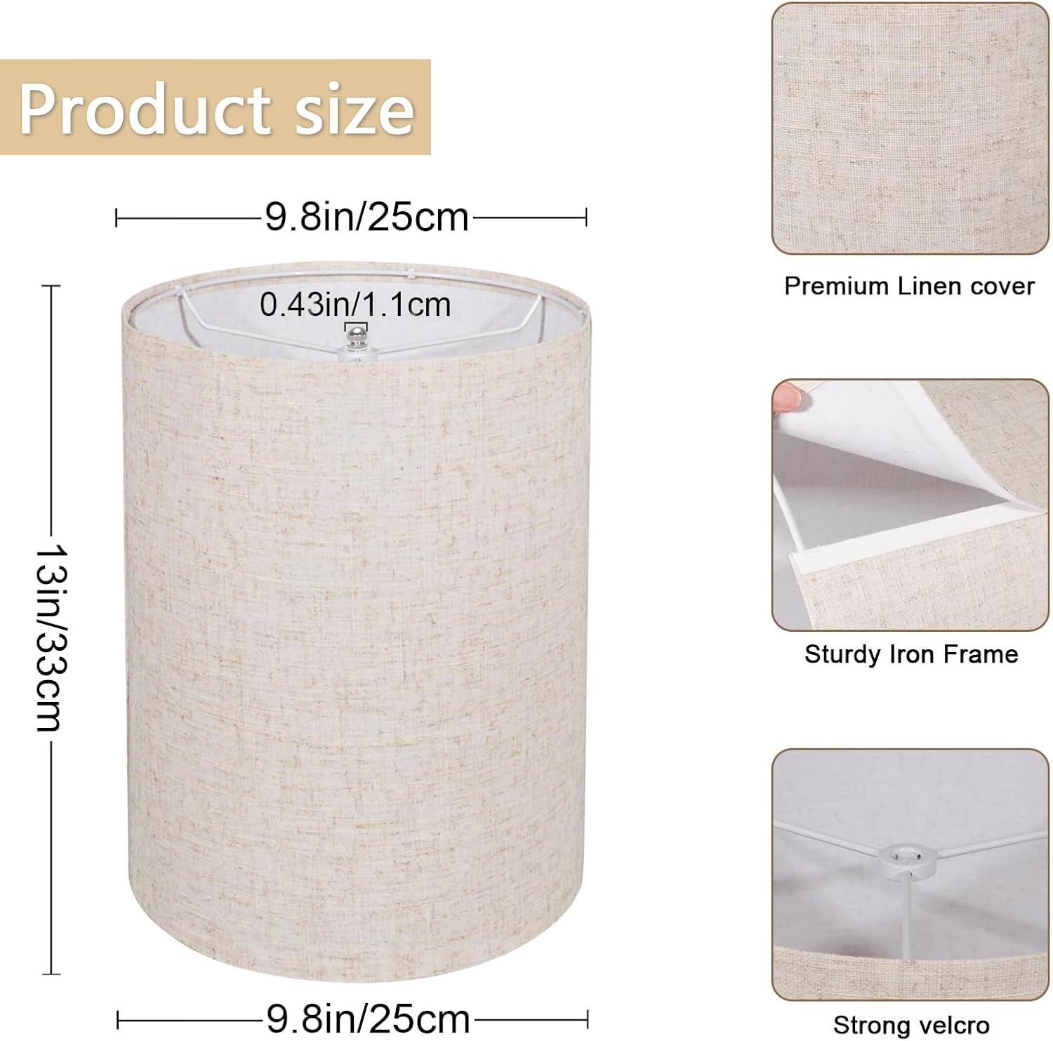 Tall Drum Lamp Shade for Table Lamps–10"Top x 10"Bottom x 13"High,Beige Lampshades for floor and desk lamps, Replacement Lampshades Natural Linen Handcrafted, Easy Assembly