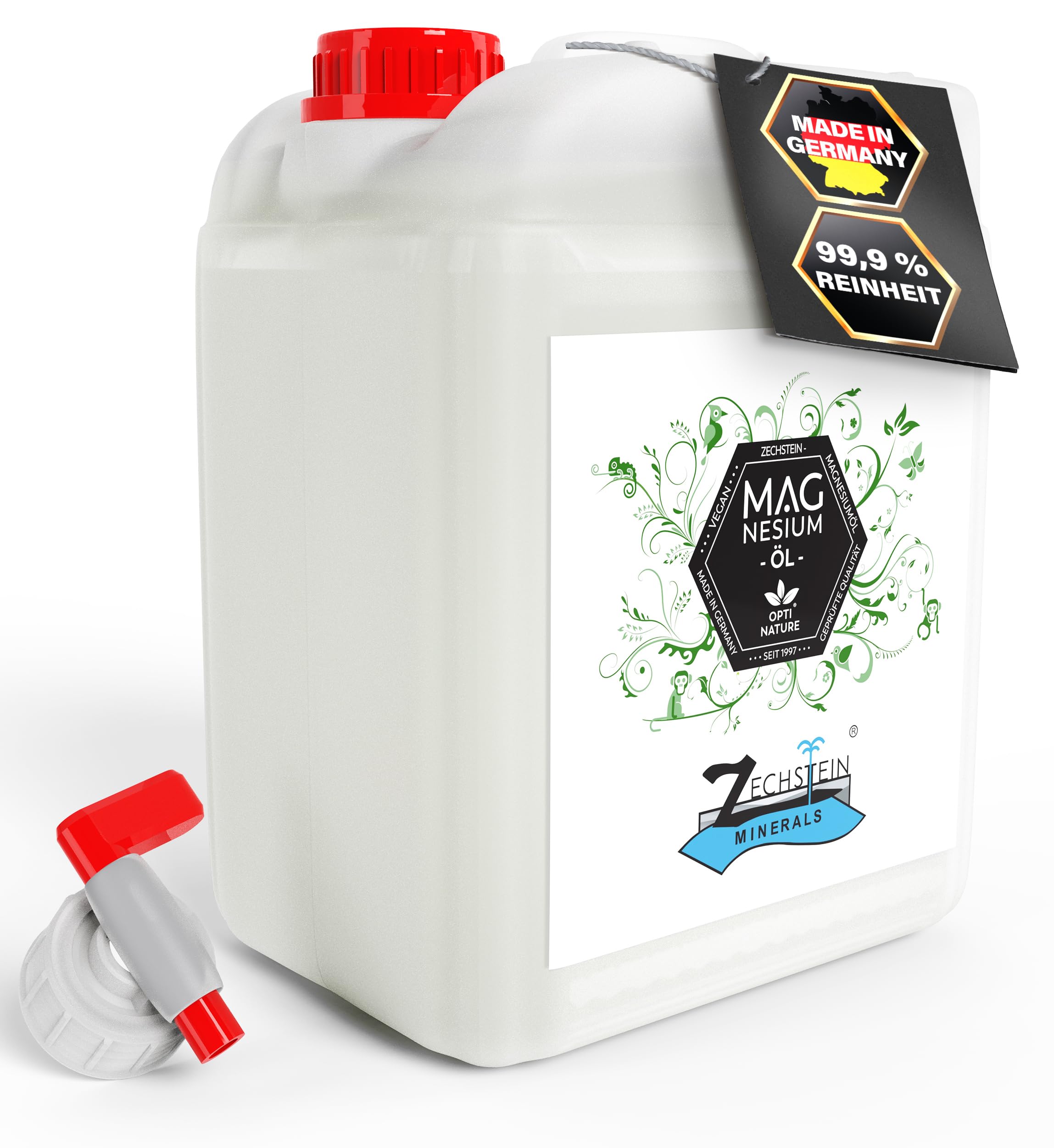 100% Magnesiumöl - Zechstein | hoch bioverfügbares Magnesium Öl | 100-(5000) ml + Abfüllhahn | Flüssig - Tropfen | Liqid für die Haut, & reine Natursole | OPTI NATURE