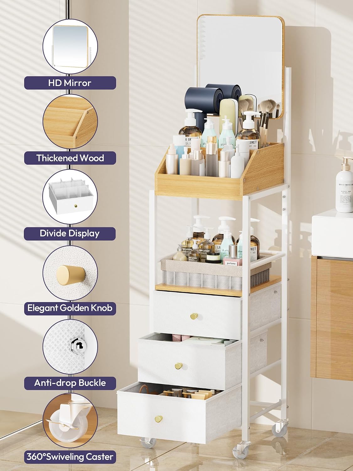SWTYMIKI Makeup Organizer Cart with Mirror - Makeup Storage Vanity Dresser with Non-Woven Drawers, 360° Rotating HD Mirror, Rolling Organizer Cart for Skin Care Perfume Nail Polish Hair Tool White