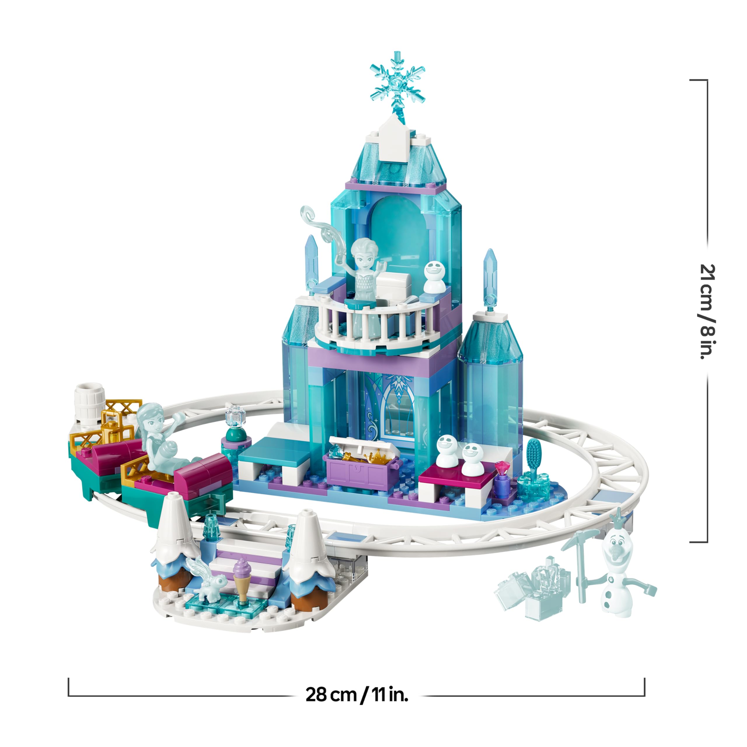 LEGO | Disney Frozen Castillo de Hielo de Elsa y Aventura en la Nieve de Juguete - Mini Muñecas de Elsa y Anna, Muñeco de Olaf, Vías de Tren y Vagones - Regalo para Niñas de 4+ Años - 43281