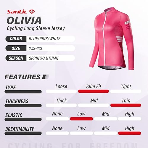 Miniatura 5 de Santic Maillot de ciclismo para mujer, manga larga, camisas de bicicleta, chaqueta de bicicleta con bolsillos