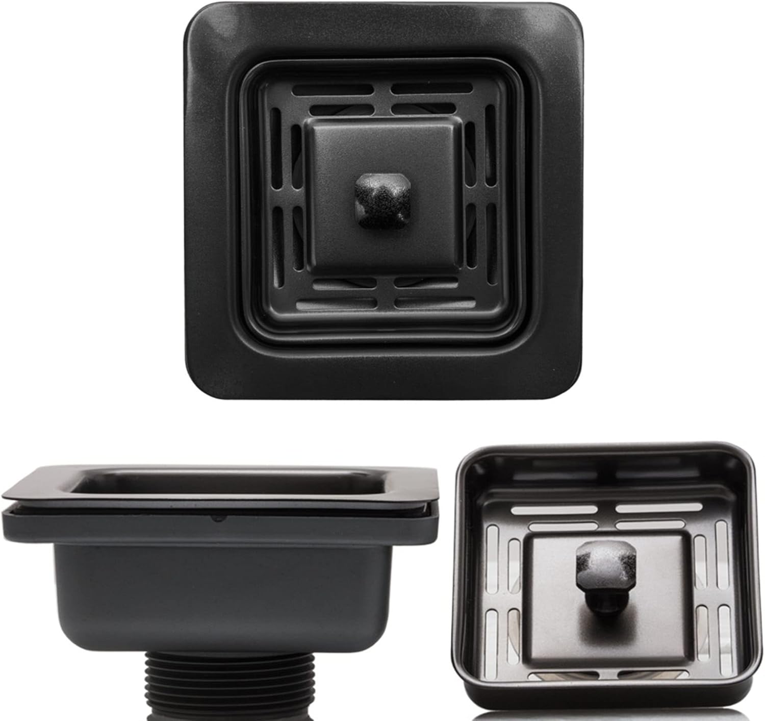 Strictly Sinks Stainless Steel Sink Strainer for Kitchen Sink - Stain Resistant Kitchen Sink Strainer with Large Collection Basket,Sink Drain Strainer for All Square Drain Sinks (Black)