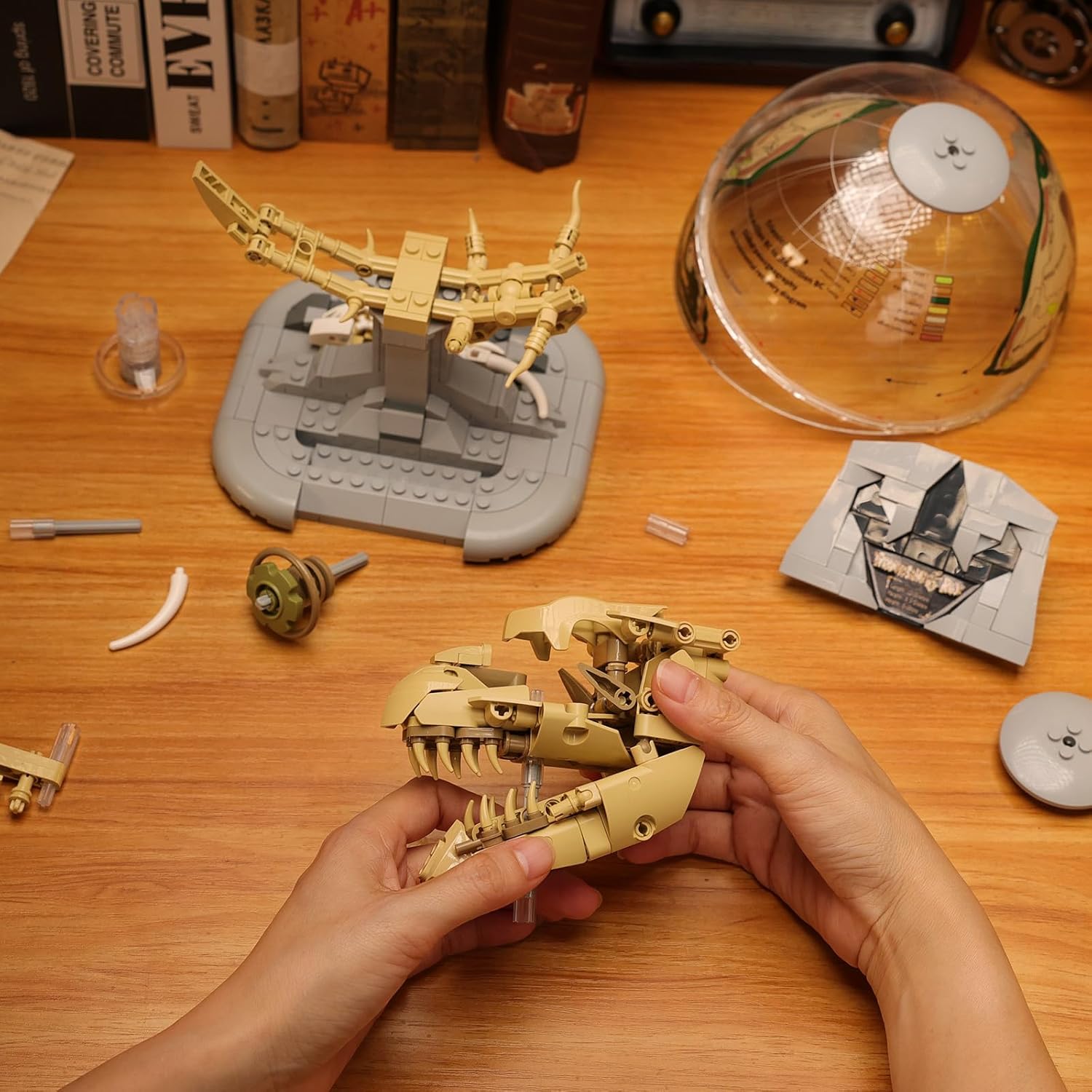 Dinosaur Skull Fossil Building Set, Jurassic Era T-Rex Globe Model, 360° Rotating with LED Light, STEM Educational Toy,Gifts for Boys and Girls Ages 8-12