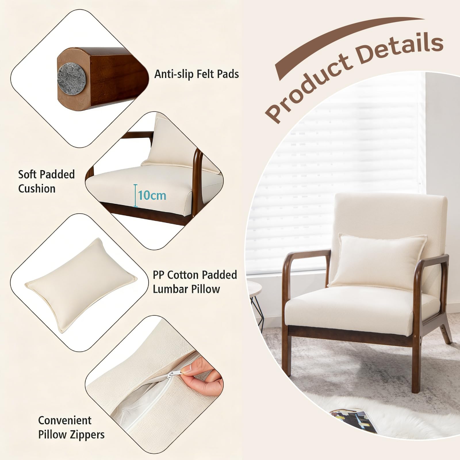 FANTASK Sessel, Modern Einzelsofa Holz mit Armlehnen, Loungesessel gepolstert für Wohnzimmer, Schlafzimmer, 65 x 79 x 77 cm, Beige